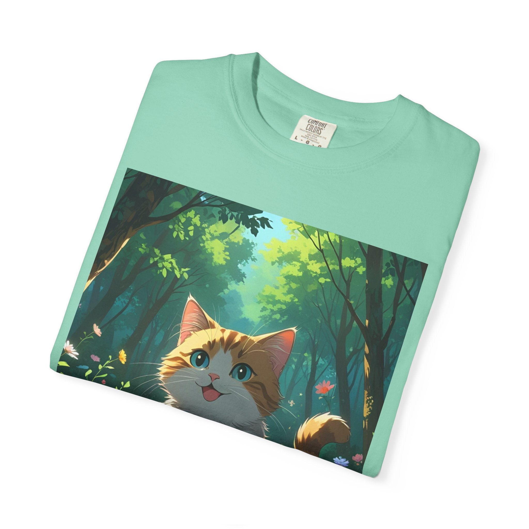 Whimsical Cat In Forest T-Shirt | Nature Lover Gift, Cute Pet Shirt, Animal Art Tee, Summer Outfit, Eco-Friendly Fashion