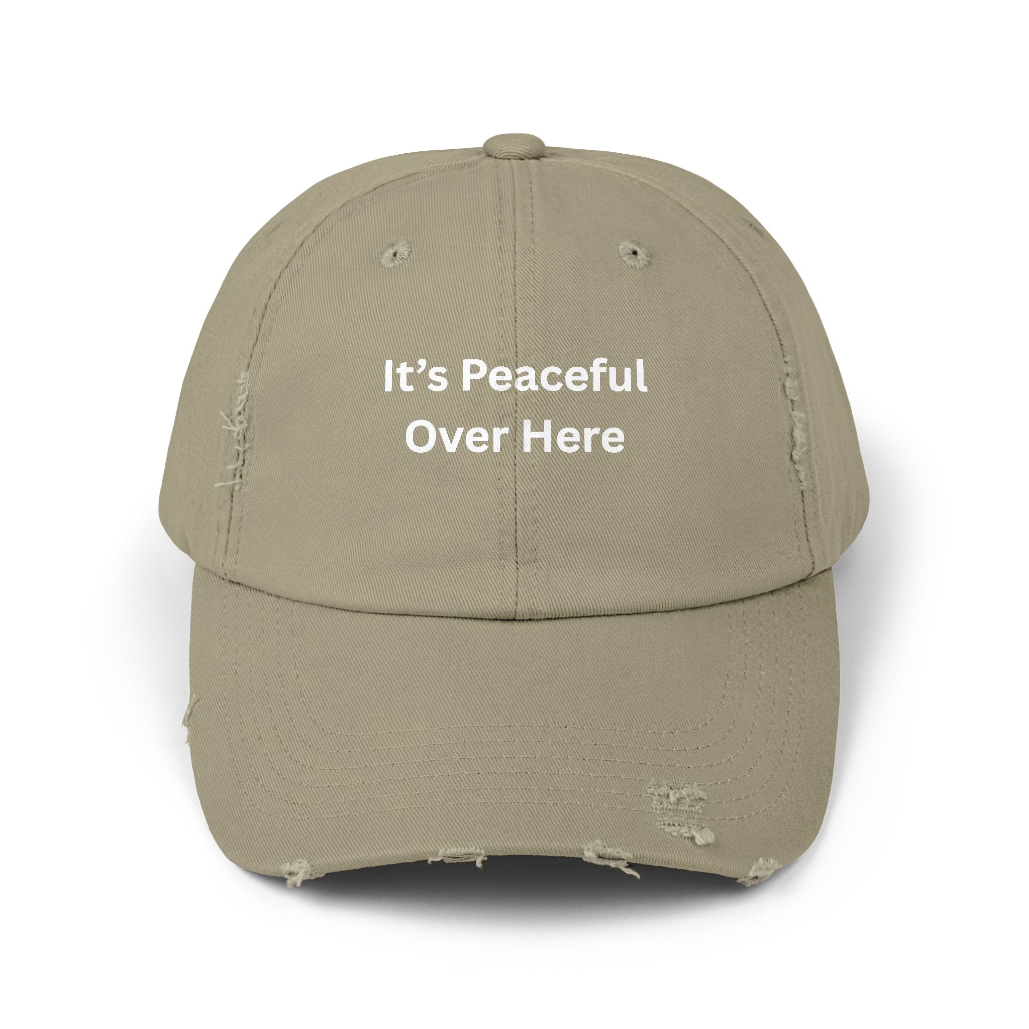 Unisex Distressed Cap with "It's Peaceful Over Here" - Casual Everyday Hat, Relaxation Gift, Trendy Accessory, Outdoor Wear, Fashion [...]
