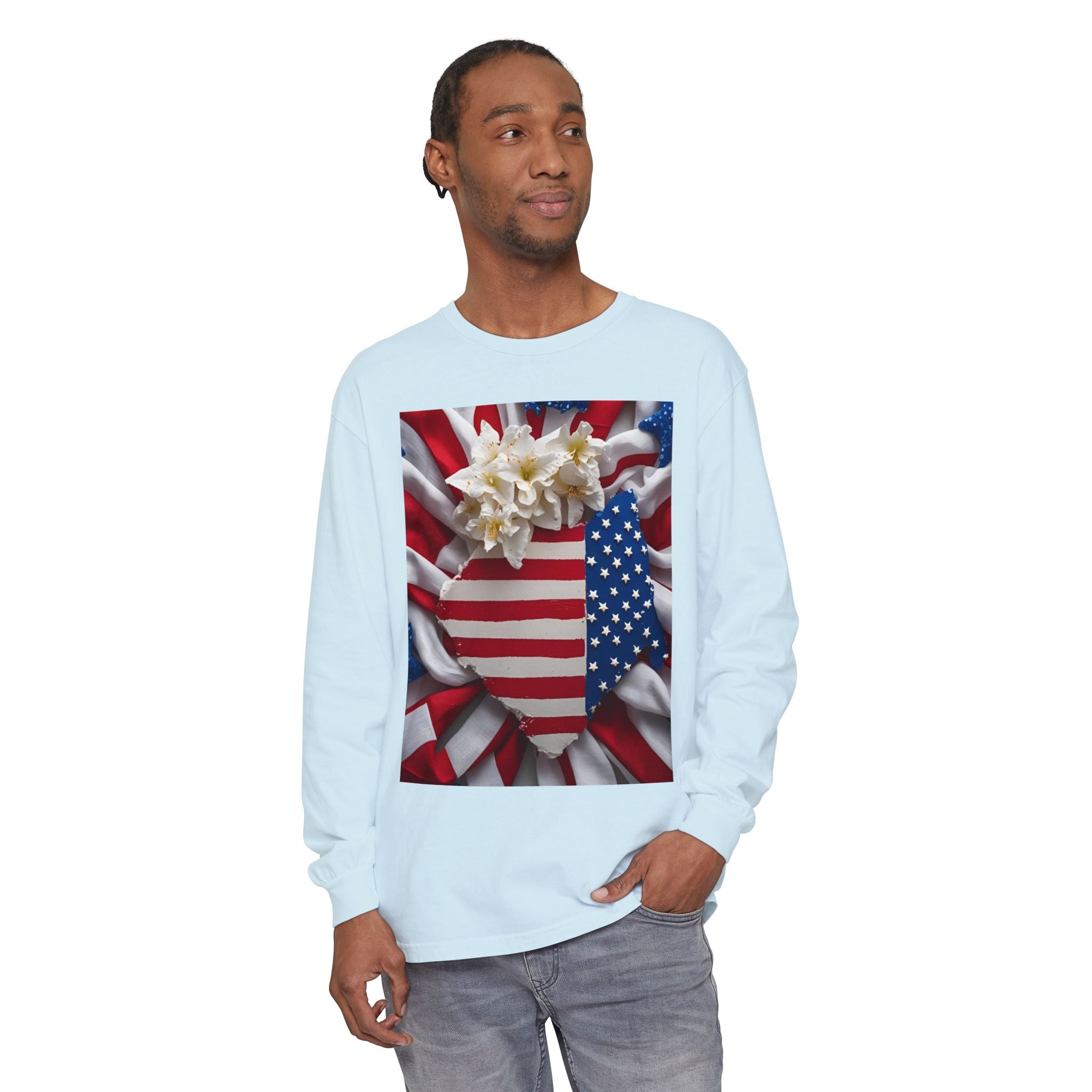 Patriotic Long Sleeve T-Shirt | Unisex Garment-Dyed Tee for Independence Day, Memorial Day, Fourth of July, Summer BBQs, Gifts