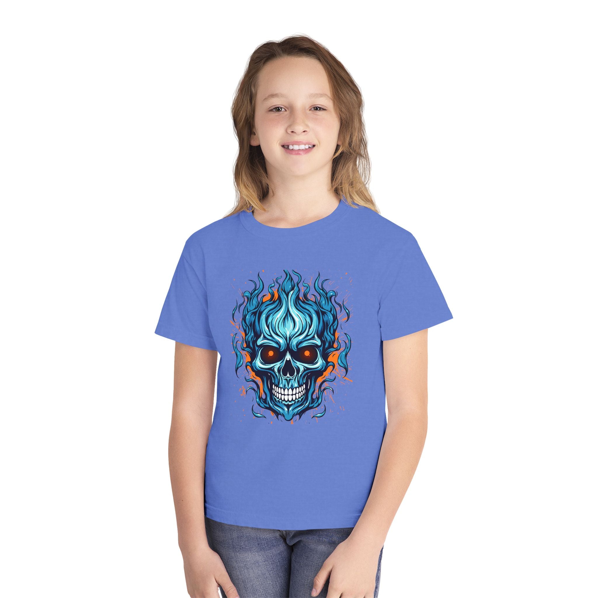 Skull Flame Youth Graphic Skull Tee, Cool Teen Fashion, Edgy Summer Wear, Halloween Costume, Unique Gift for Kids, Casual Everyday Style