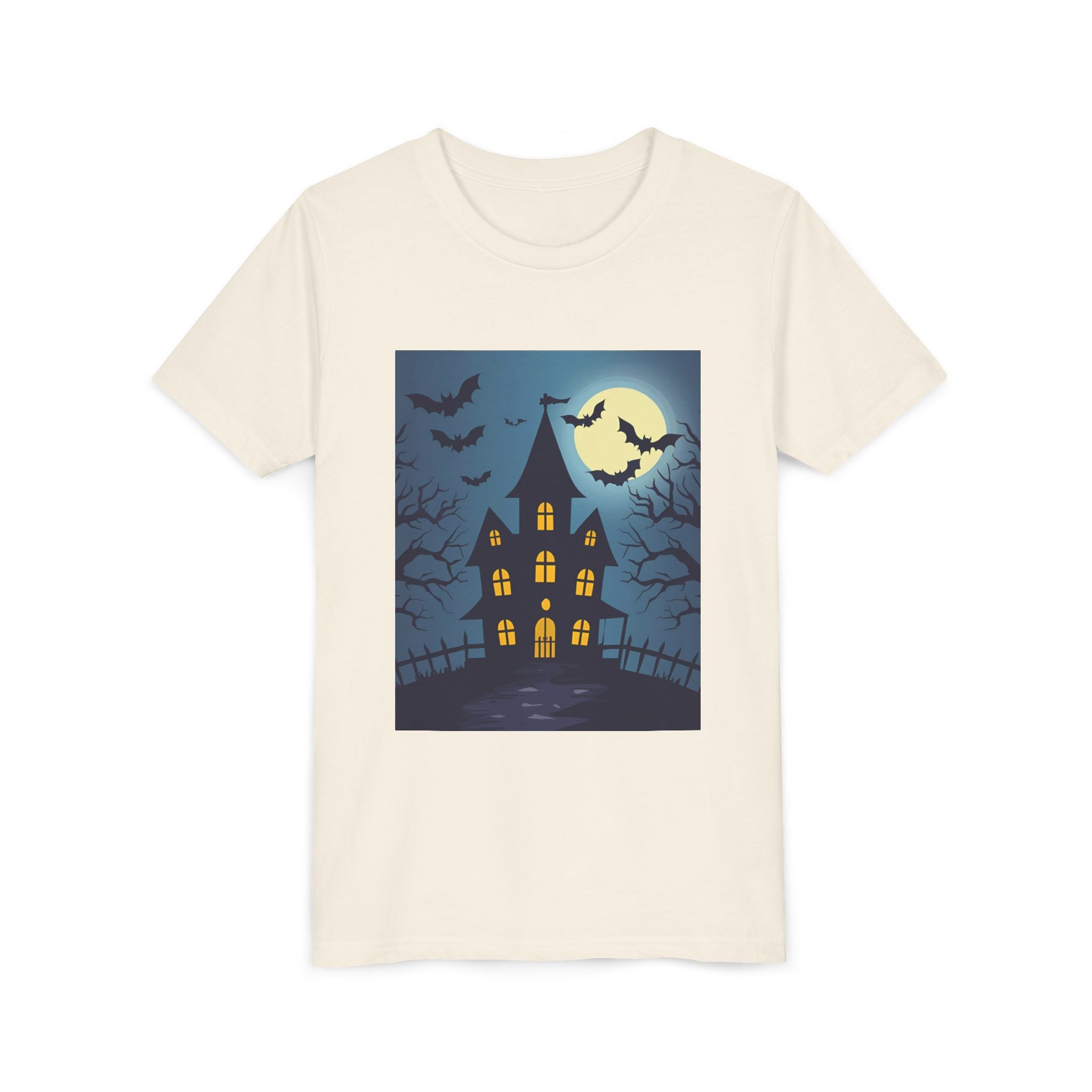 Spooky Halloween Haunted House Youth Tee, Kids Ghost T-Shirt, Haunted House Apparel, Bat Design Shirt, Trick or Treat Clothing