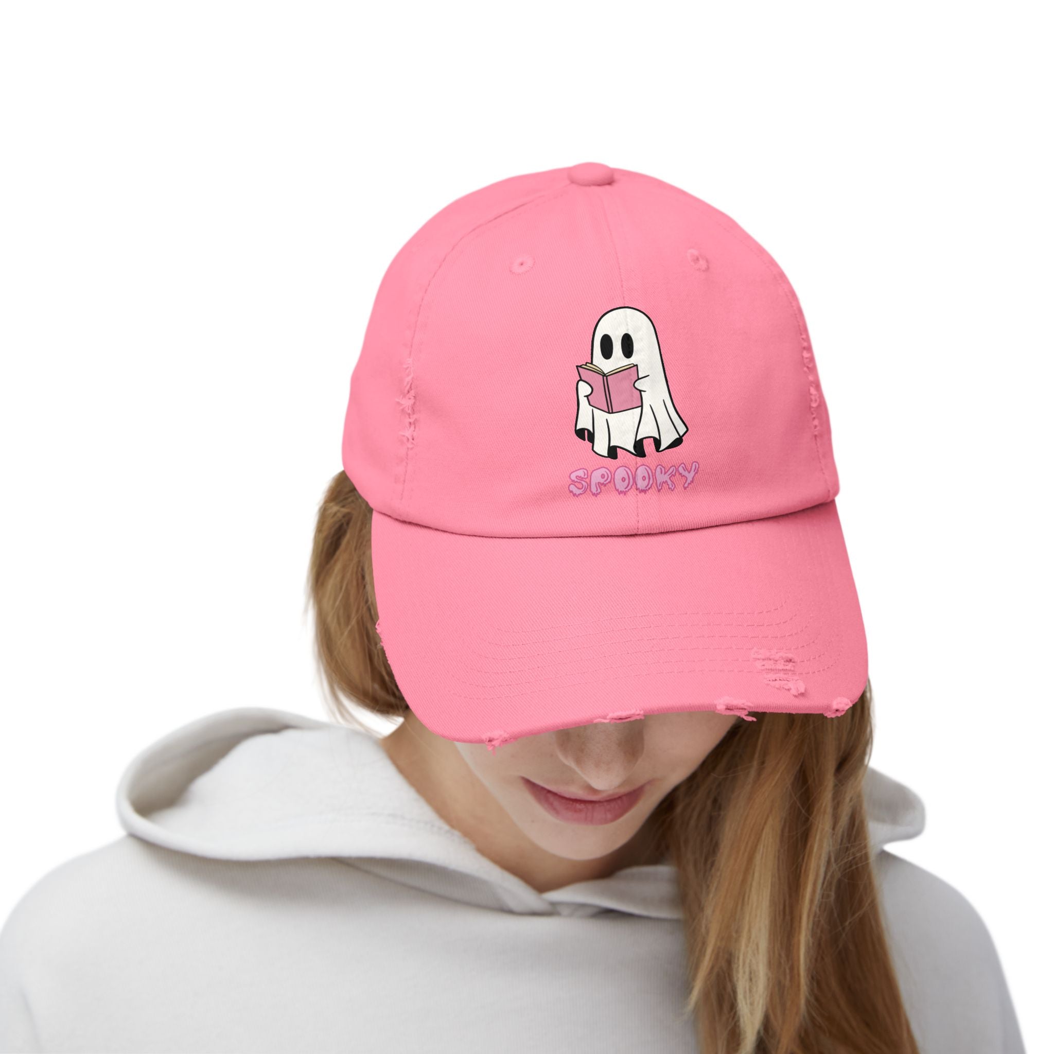Spooky Ghost Reading Distressed Cap, Halloween Hat, Cute Adjustable Cap, Casual Everyday Wear, Trendy Fashion Accessory
