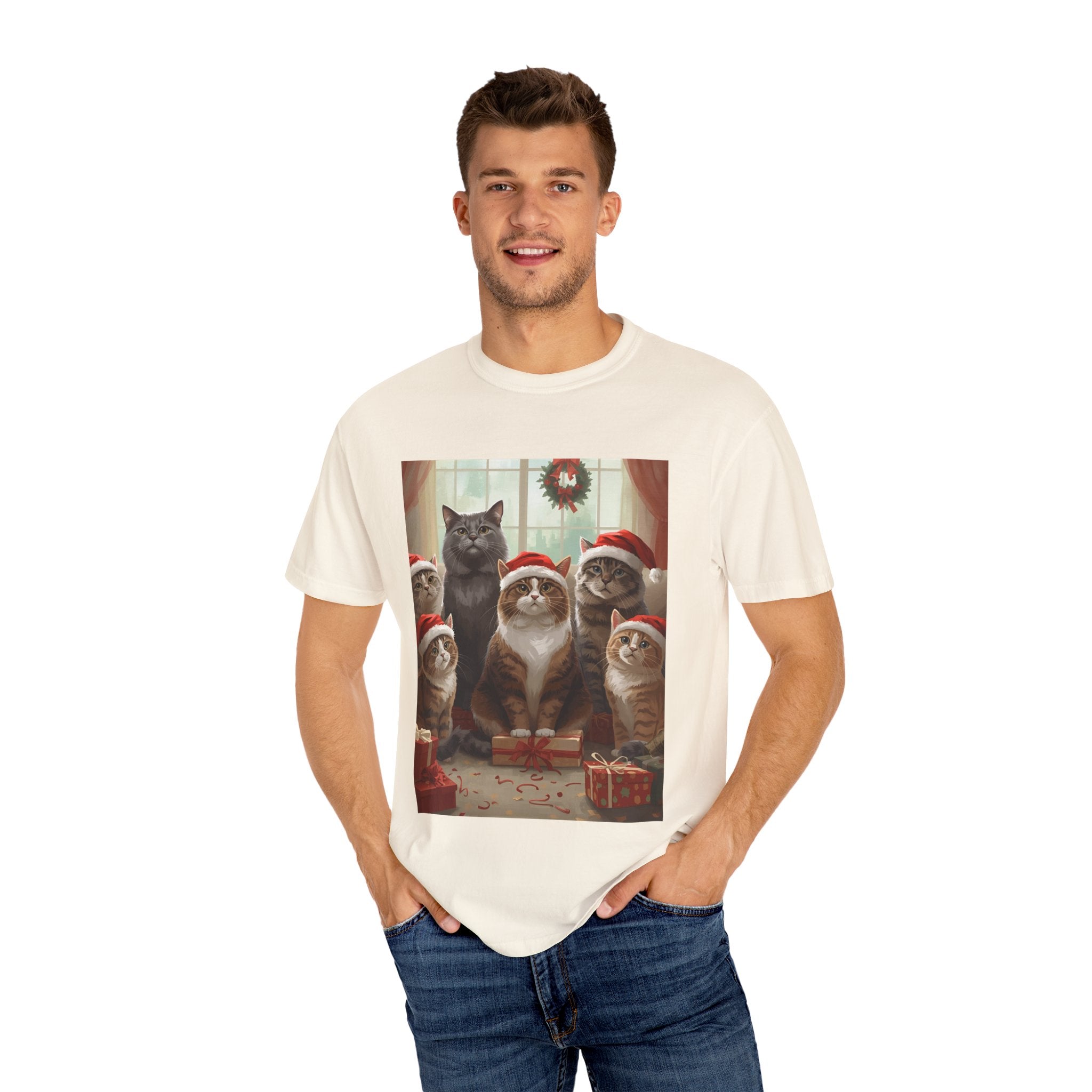 Cute Festive Funny Christmas Cat T-Shirt, Holiday Gift for Cat Lovers, Cute Tee for Winter, Unisex Garment-Dyed Shirt, Christmas Apparel, Festive Outfit