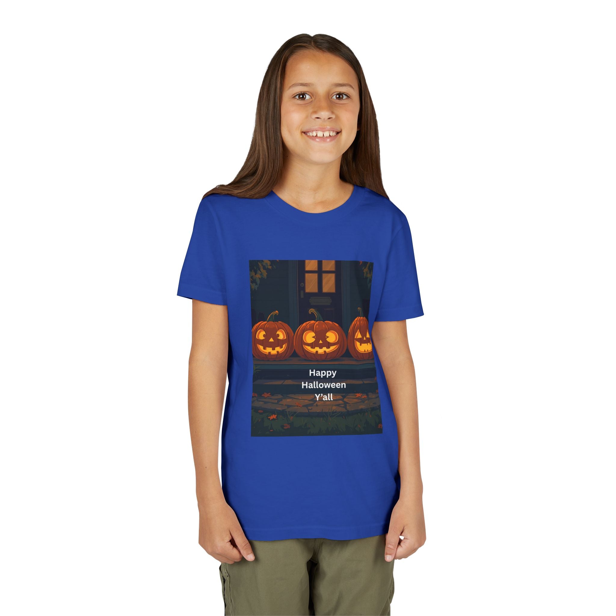 Halloween Pumpkin Youth Tee, Jack-o'-lantern Shirt, Trick or Treat Apparel, Spooky Kids T-Shirt, Halloween Costume Top