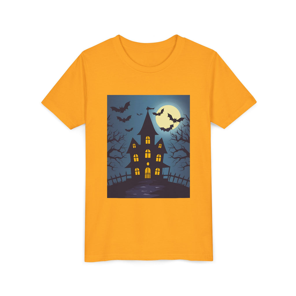 Spooky Halloween Haunted House Youth Tee, Kids Ghost T-Shirt, Haunted House Apparel, Bat Design Shirt, Trick or Treat Clothing