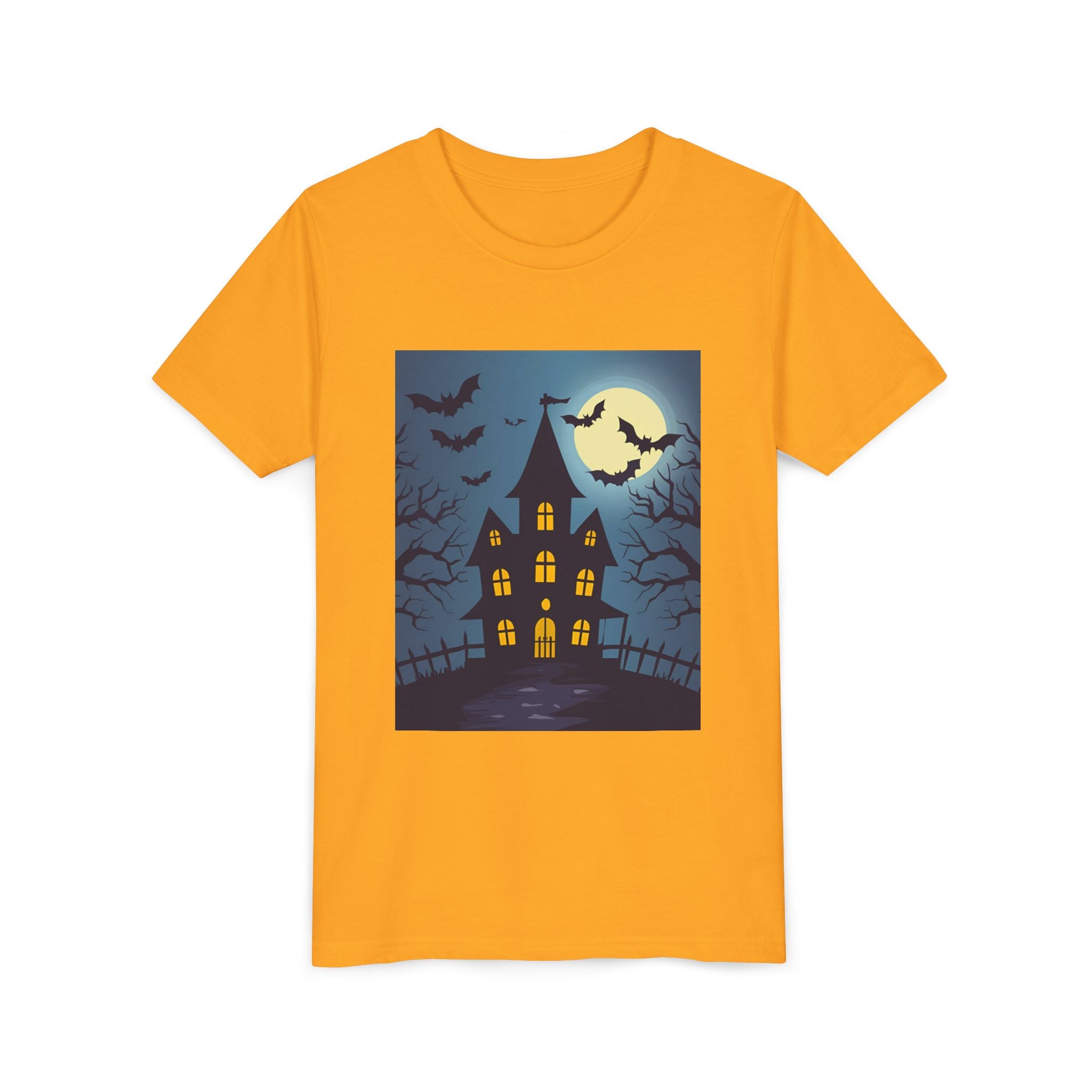 Spooky Halloween Haunted House Youth Tee, Kids Ghost T-Shirt, Haunted House Apparel, Bat Design Shirt, Trick or Treat Clothing