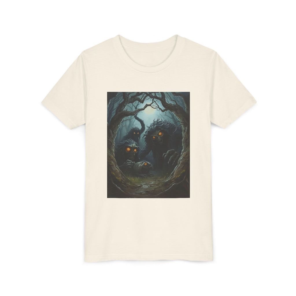 Spooky Mystical Forest Creatures Youth Tee, Cool Graphic T-Shirt, Kids Nature Shirt, Unique Gift for Boys & Girls, Perfect for Halloween