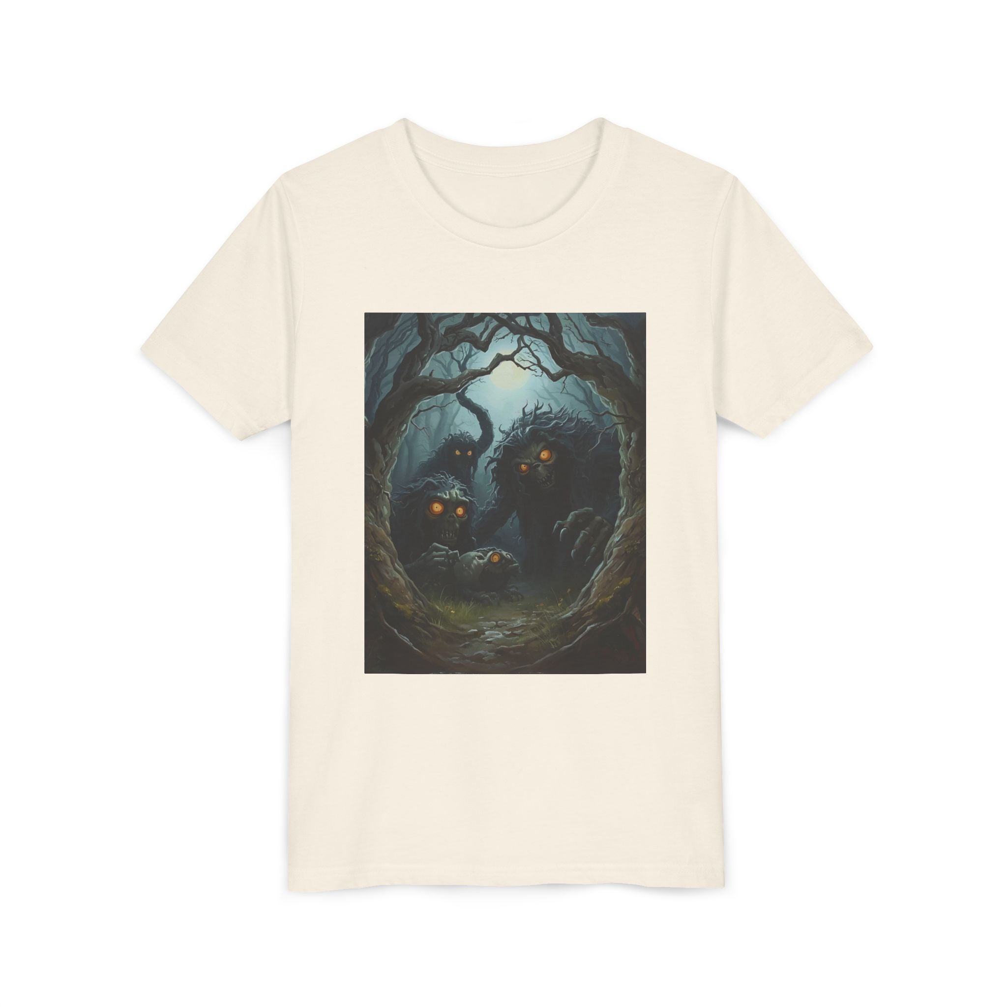 Spooky Mystical Forest Creatures Youth Tee, Cool Graphic T-Shirt, Kids Nature Shirt, Unique Gift for Boys & Girls, Perfect for Halloween