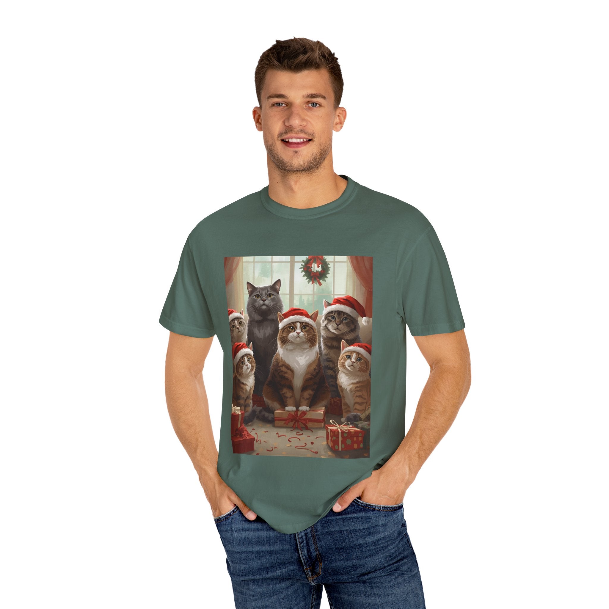 Cute Festive Funny Christmas Cat T-Shirt, Holiday Gift for Cat Lovers, Cute Tee for Winter, Unisex Garment-Dyed Shirt, Christmas Apparel, Festive Outfit