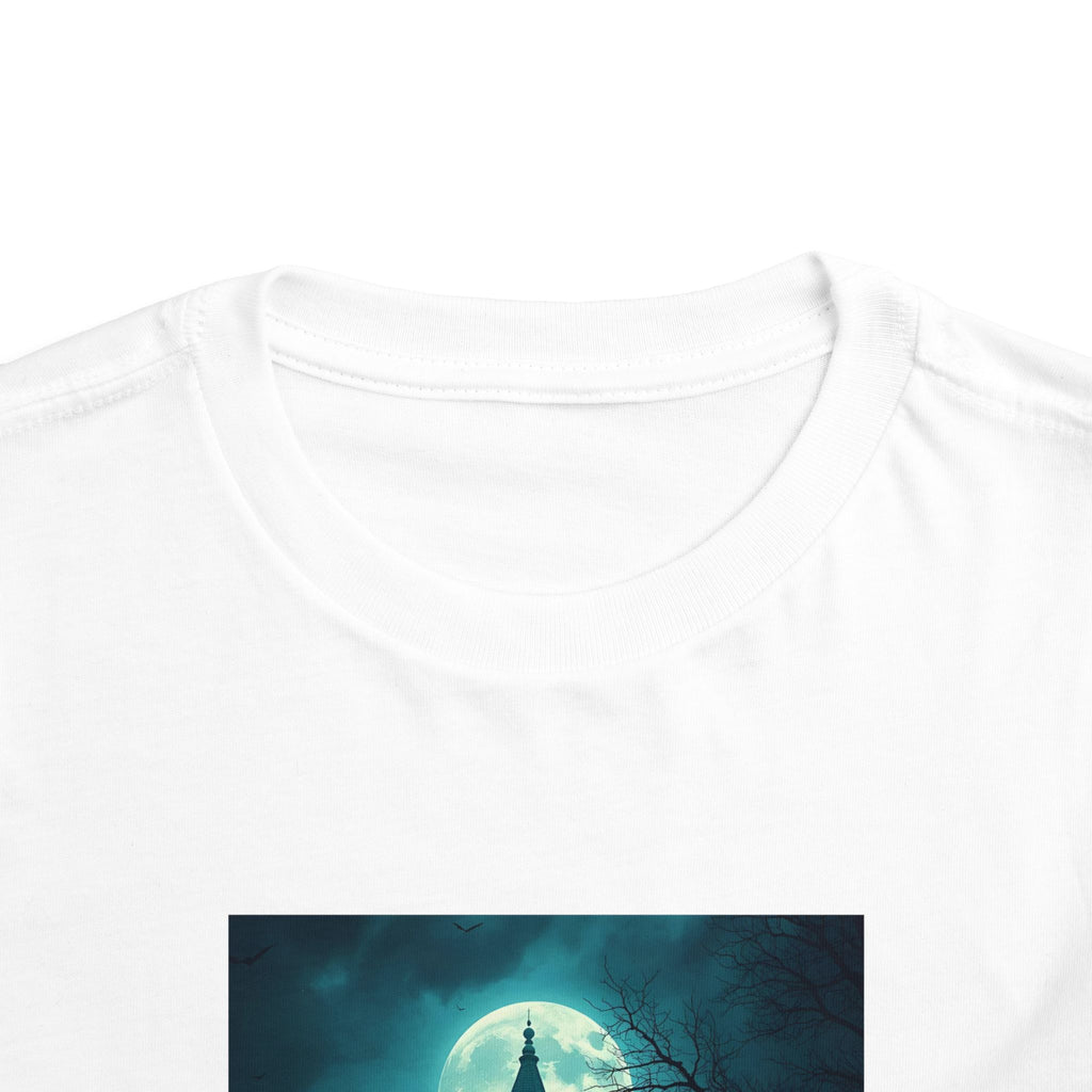 Haunted Moonlight Toddler Halloween Short Sleeve Tee, Ghostly Castle Shirt, Spooky Toddler Tee, Kids Halloween Costume Top, Fall Festivity Apparel