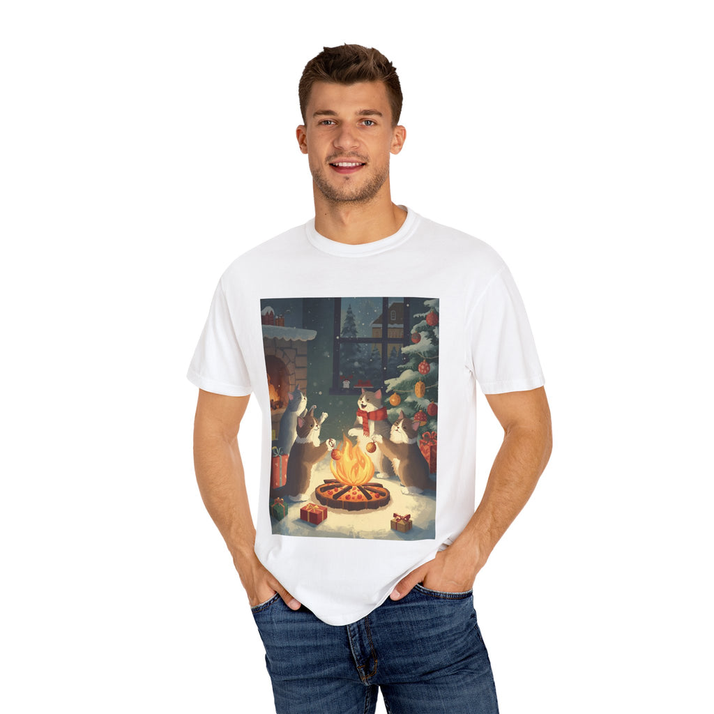 Cozy Cat Campfire T-shirt, Unisex Garment-Dyed Tee, Holiday Gift, Cat Lover Gift, Cute Winter T-shirt, Cozy Nightwear, Christmas Shirt
