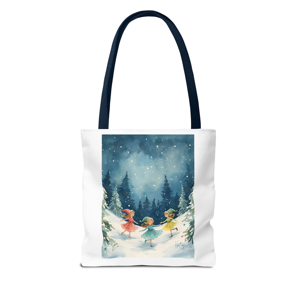 Winter Wonderland Tote Bag, Cute Girls Playing in Snow, AOP Design, Perfect for Gifts, Seasonal Bag, Eco-Friendly Shopping