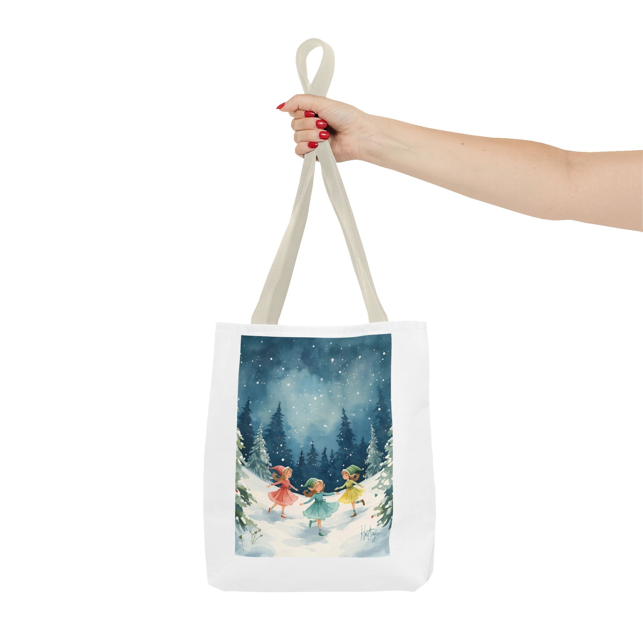 Winter Wonderland Tote Bag, Cute Girls Playing in Snow, AOP Design, Perfect for Gifts, Seasonal Bag, Eco-Friendly Shopping