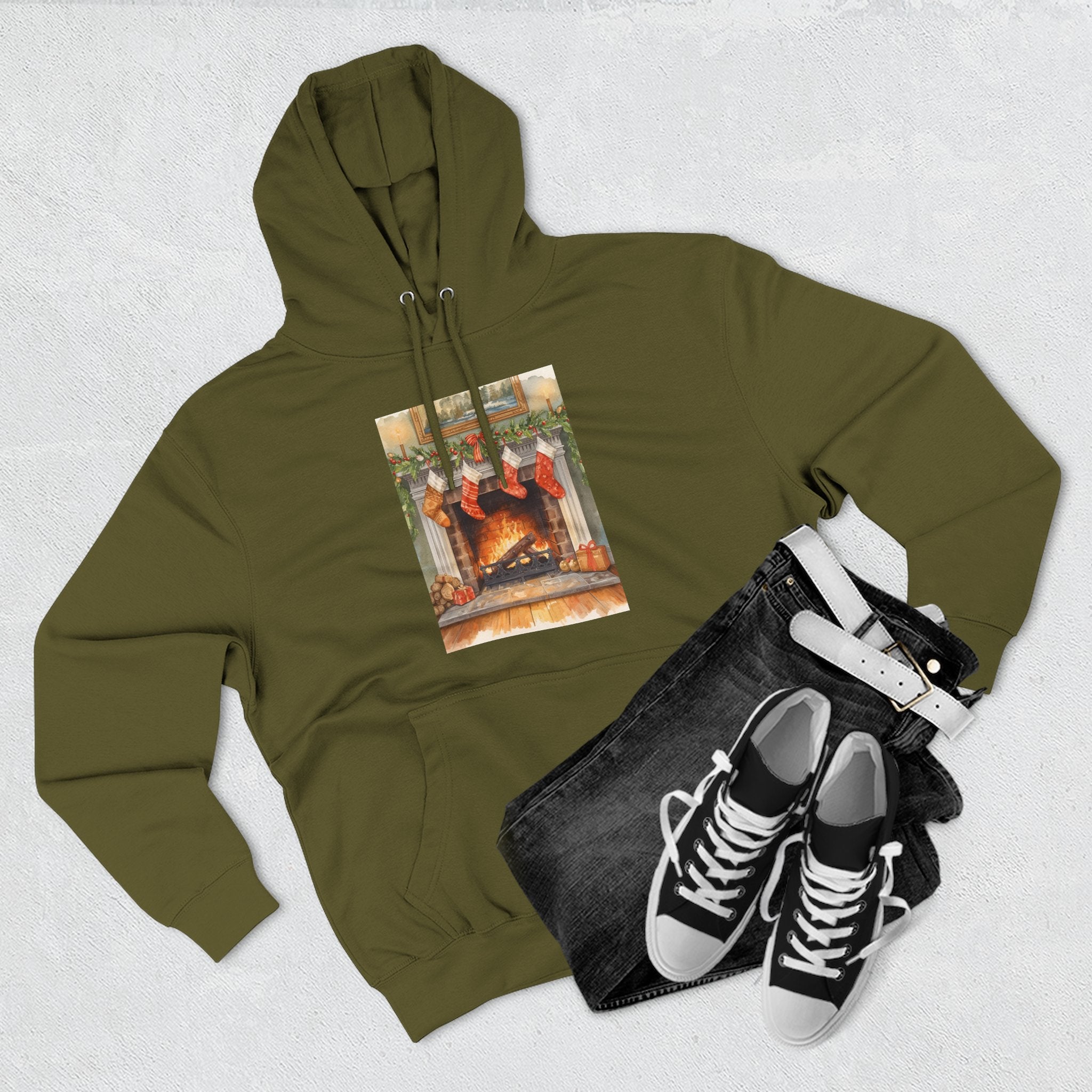 Christmas Stocking Fireplace Three-Panel Fleece Hoodie