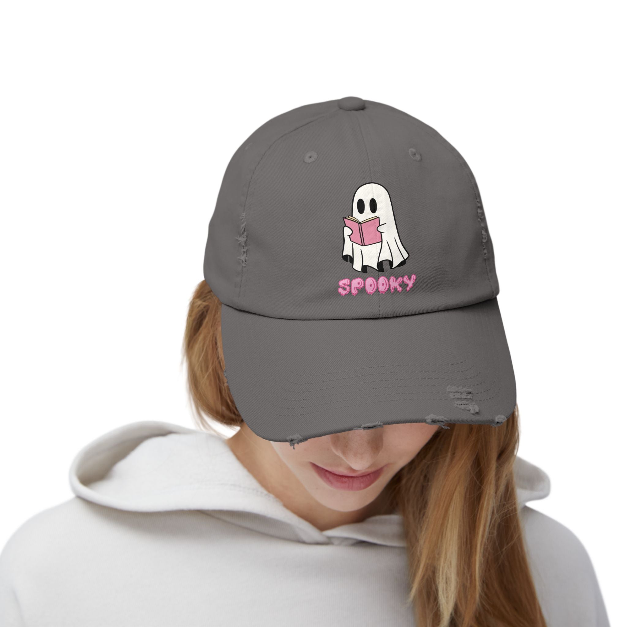Spooky Ghost Reading Distressed Cap, Halloween Hat, Cute Adjustable Cap, Casual Everyday Wear, Trendy Fashion Accessory