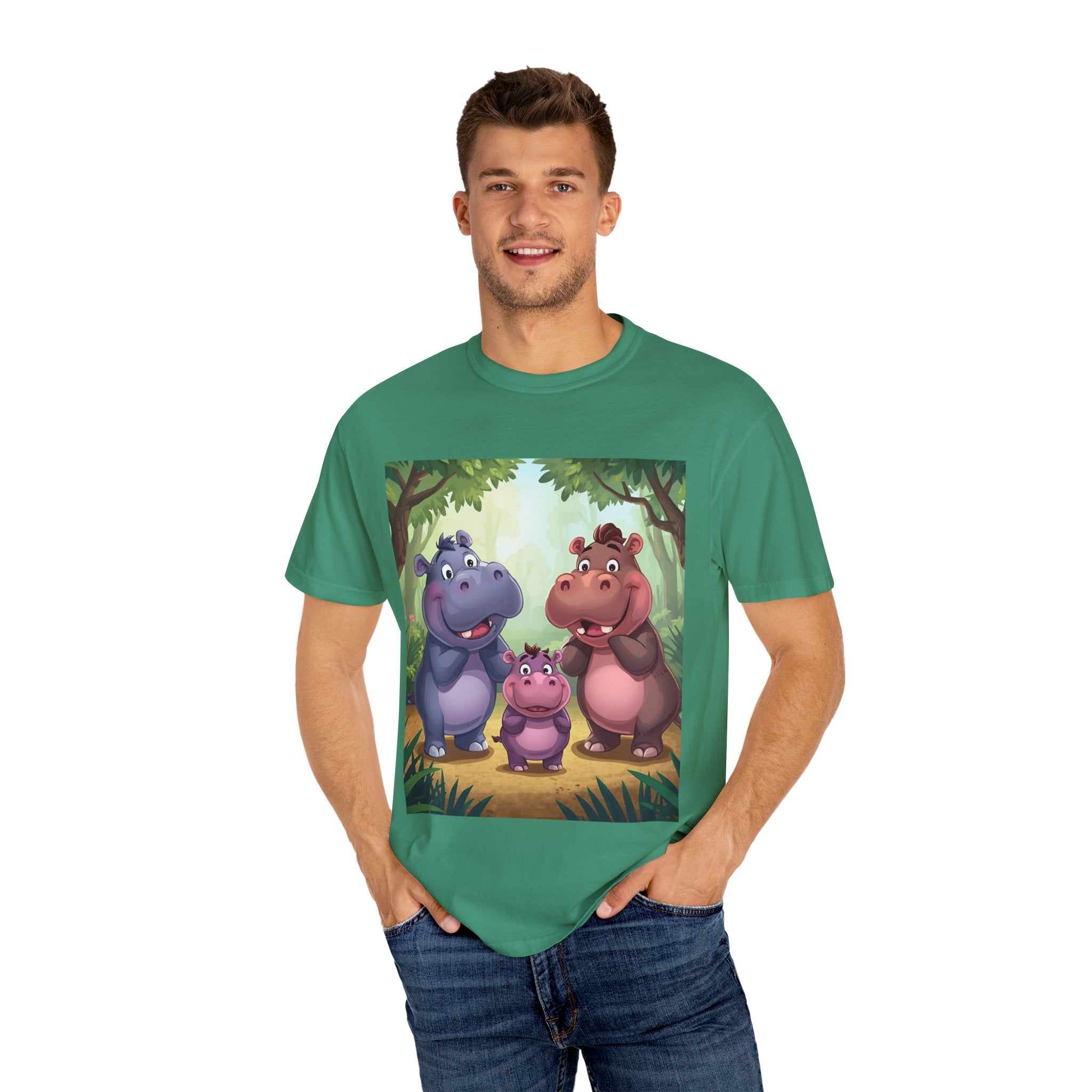 Cute Hippo Family T-Shirt, Unisex Garment-Dyed Tee, Animal Lovers Gift, Kids & Adults, Birthday, Family Reunion, Casual Wear