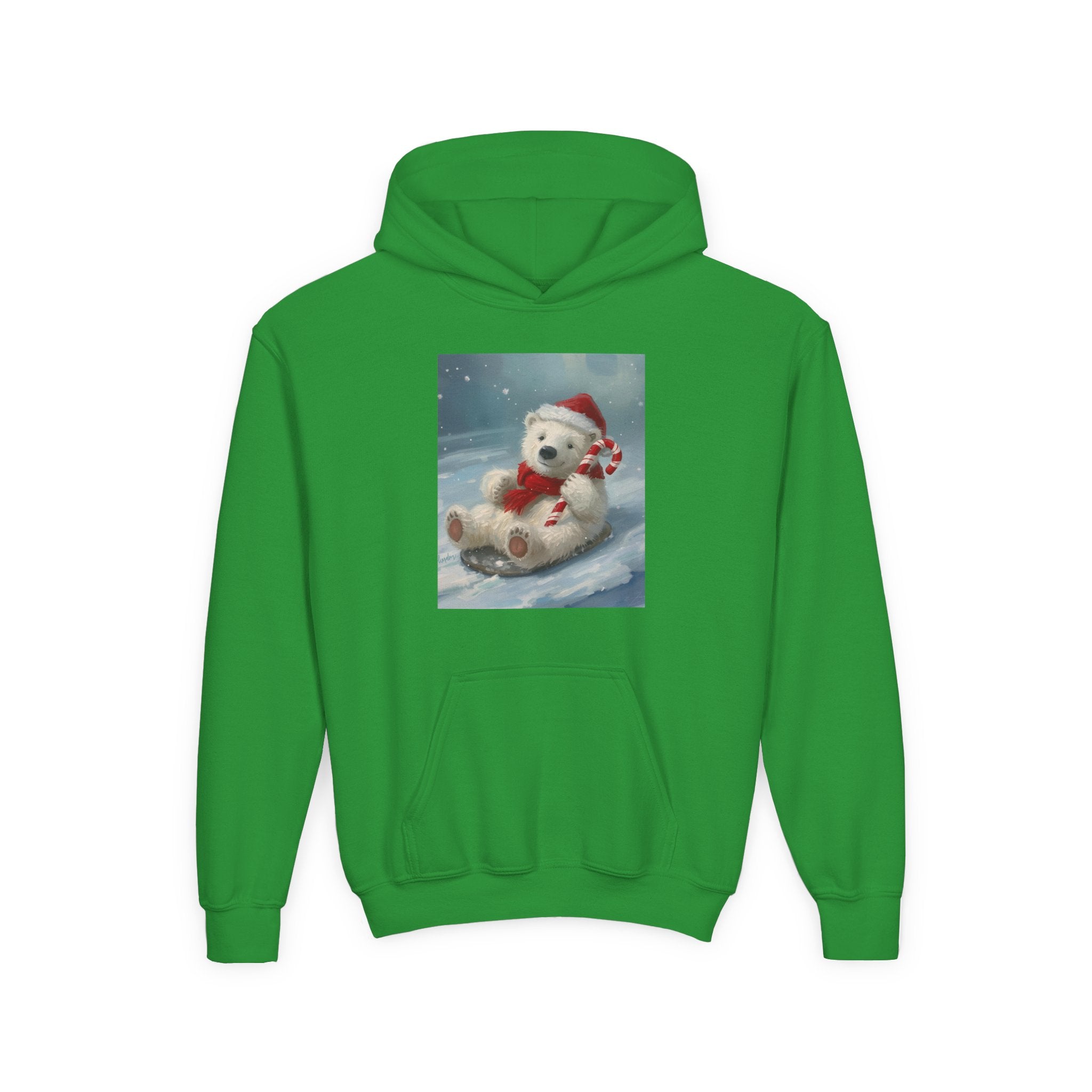Cozy Christmas Bear Youth Hooded Sweatshirt, Winter Hoodie, Holiday Gift, Cute Sweatshirt for Kids, Festive Apparel