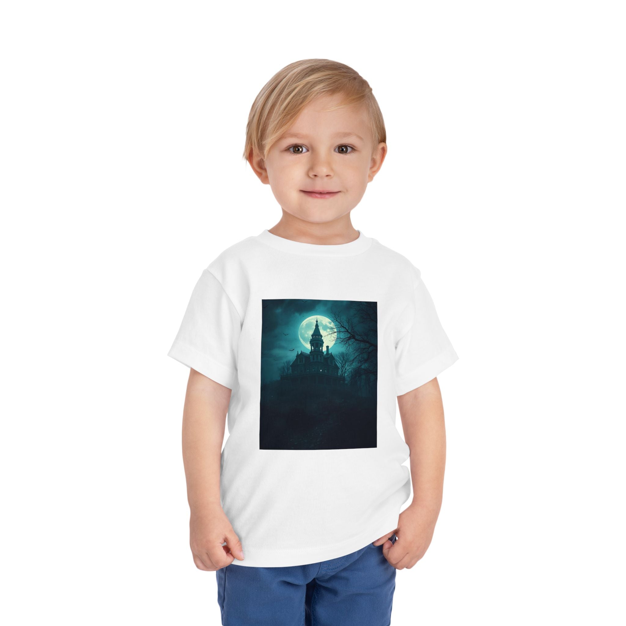 Haunted Moonlight Toddler Halloween Short Sleeve Tee, Ghostly Castle Shirt, Spooky Toddler Tee, Kids Halloween Costume Top, Fall Festivity Apparel