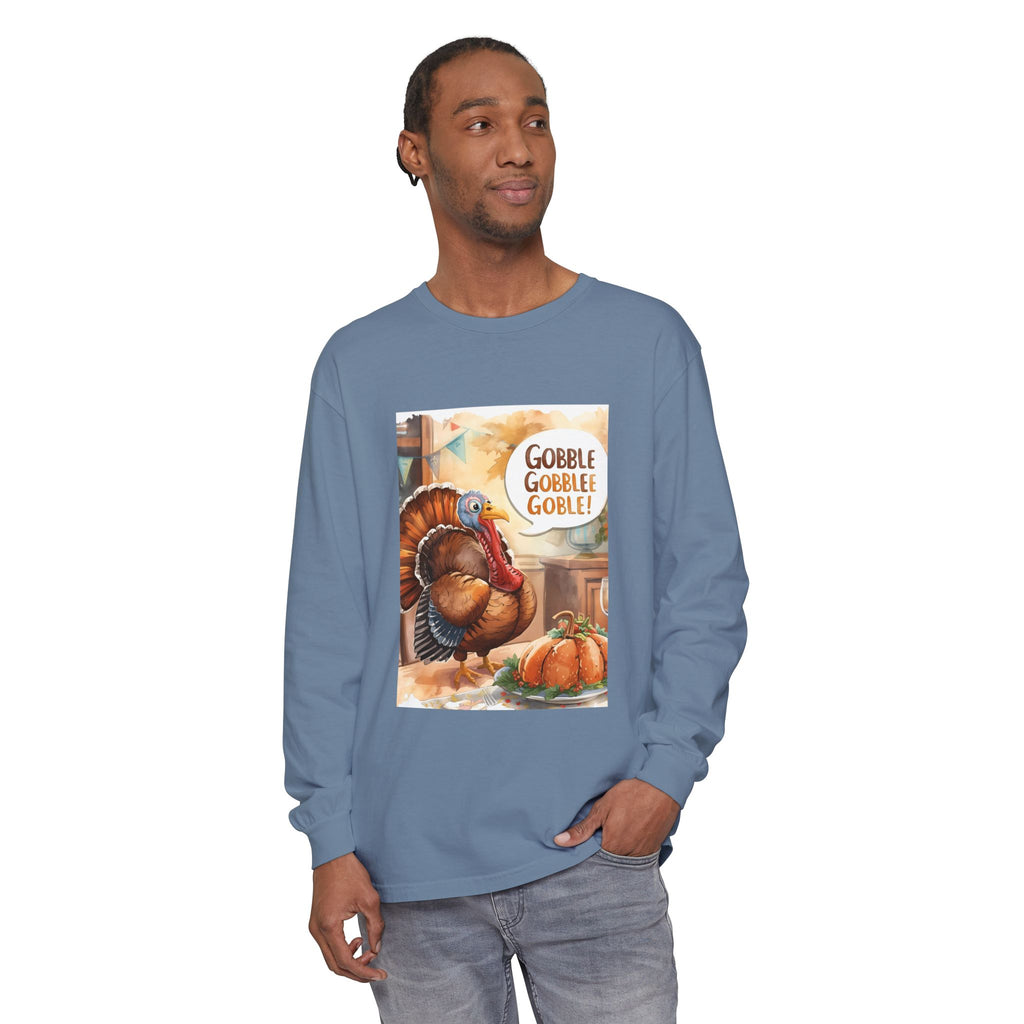 Thanksgiving Long Sleeve T-Shirt with Turkey Design, Fall Apparel, Holiday Gift, Family Gathering Shirt, Gobble Gobble Tee