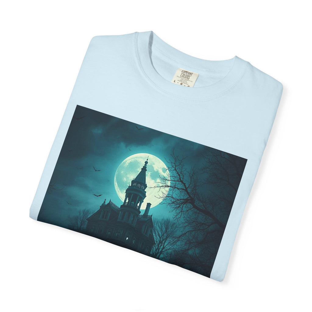 Haunted Moonlight Spooky Castle Graphic Tee | Unisex Garment-Dyed T-shirt, Halloween Shirt, Graphic Tee, Casual Wear, Gift for Ghost Lovers
