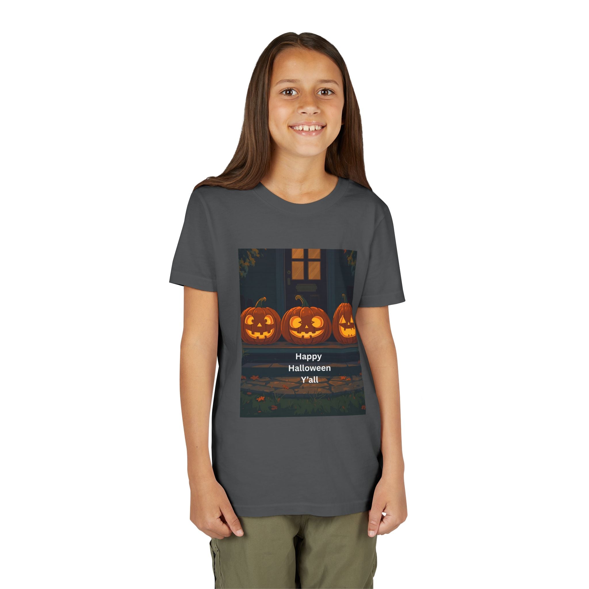 Halloween Pumpkin Youth Tee, Jack-o'-lantern Shirt, Trick or Treat Apparel, Spooky Kids T-Shirt, Halloween Costume Top