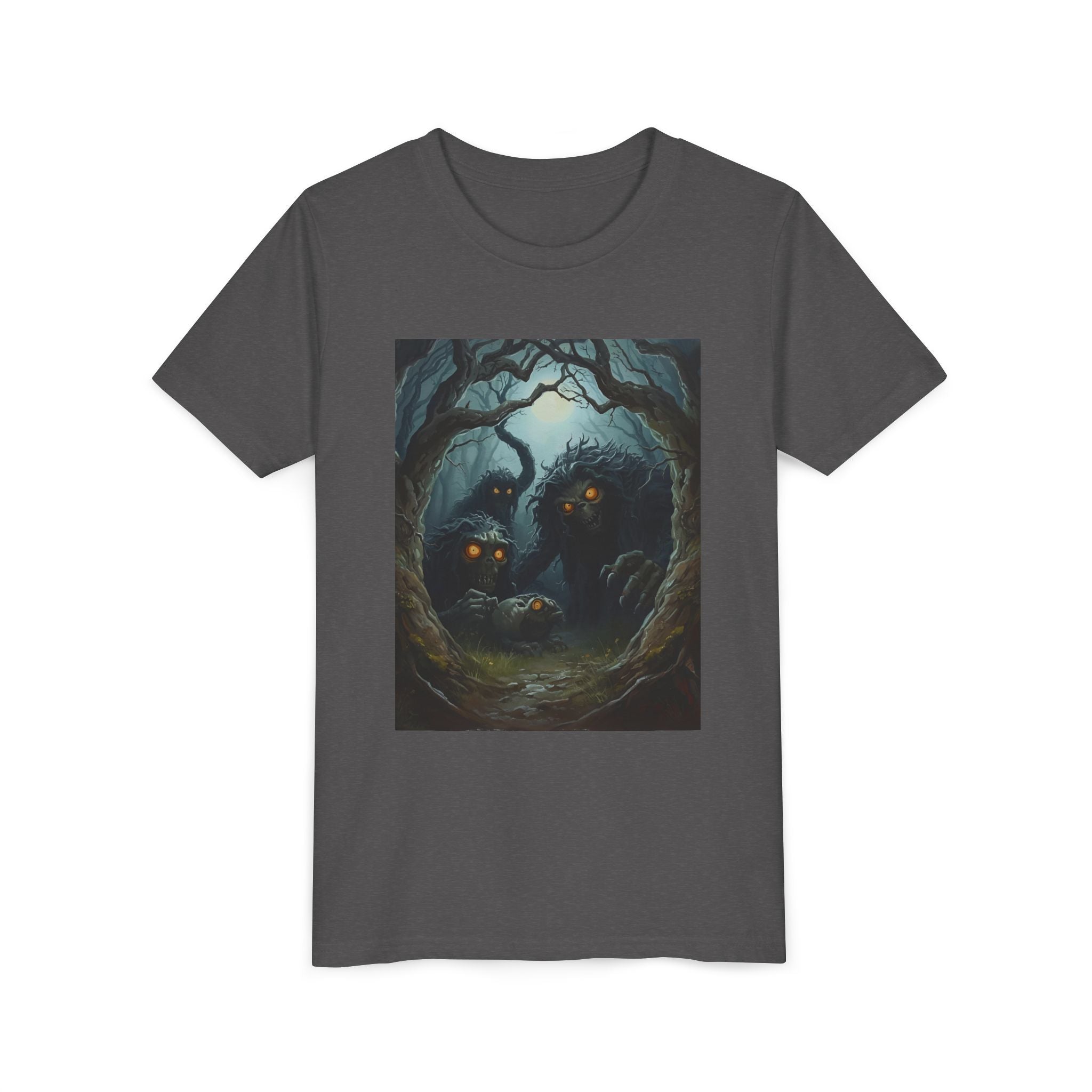 Spooky Mystical Forest Creatures Youth Tee, Cool Graphic T-Shirt, Kids Nature Shirt, Unique Gift for Boys & Girls, Perfect for Halloween