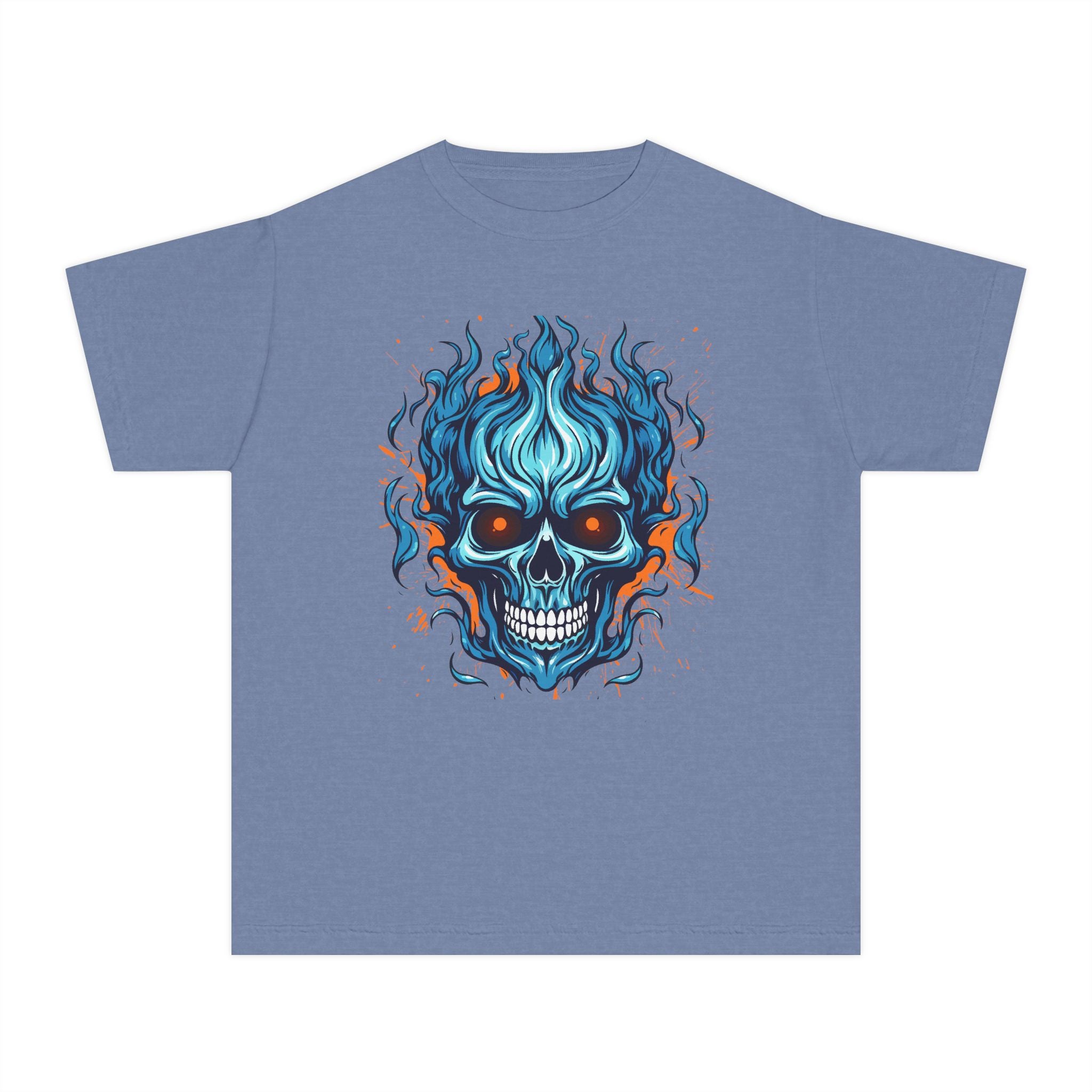 Skull Flame Youth Graphic Skull Tee, Cool Teen Fashion, Edgy Summer Wear, Halloween Costume, Unique Gift for Kids, Casual Everyday Style