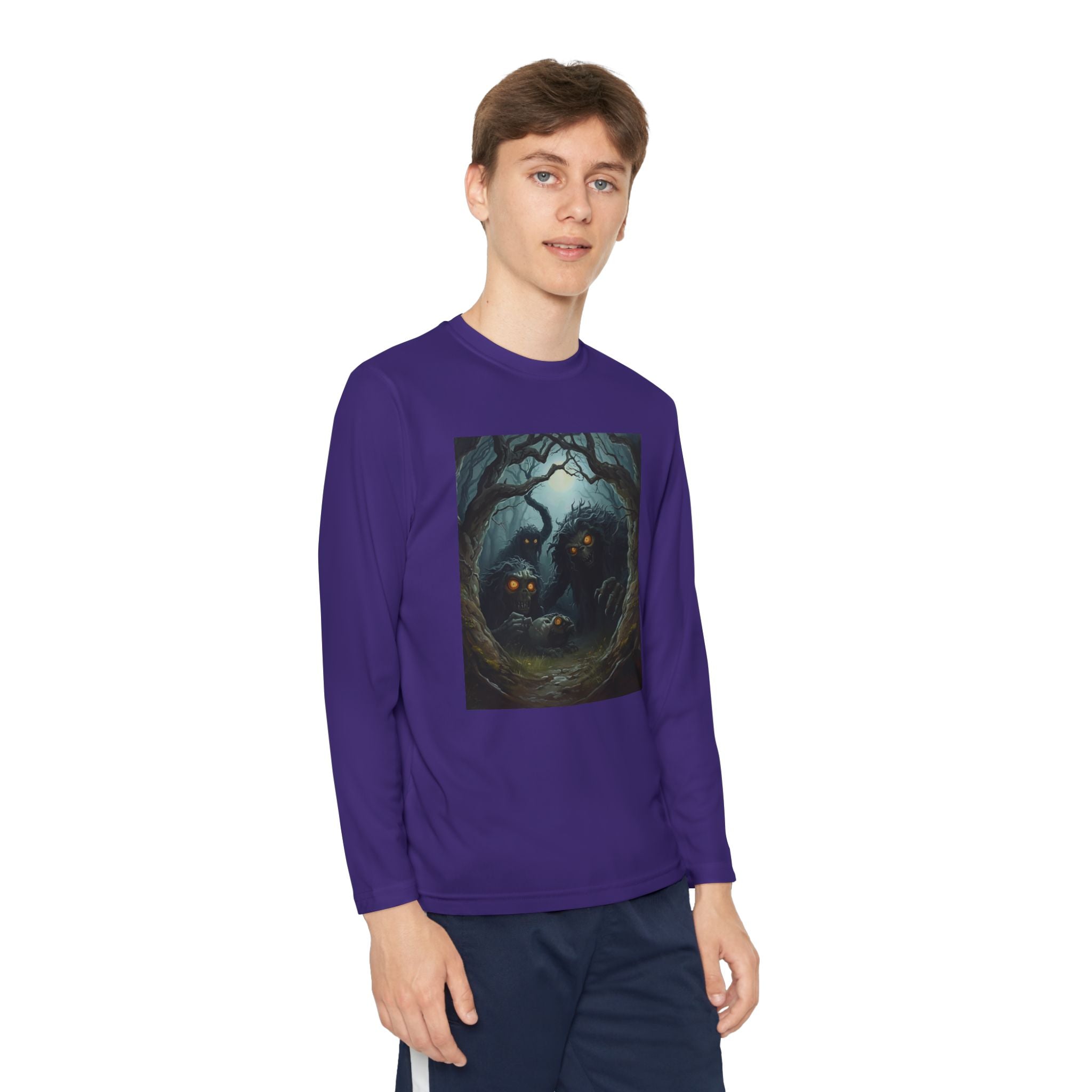 Spooky Forest Creatures Youth Long Sleeve Tee with Enchanted Forest Design, Comfortable Unisex T-Shirt for All Seasons, Perfect for Halloween and Nature Lovers