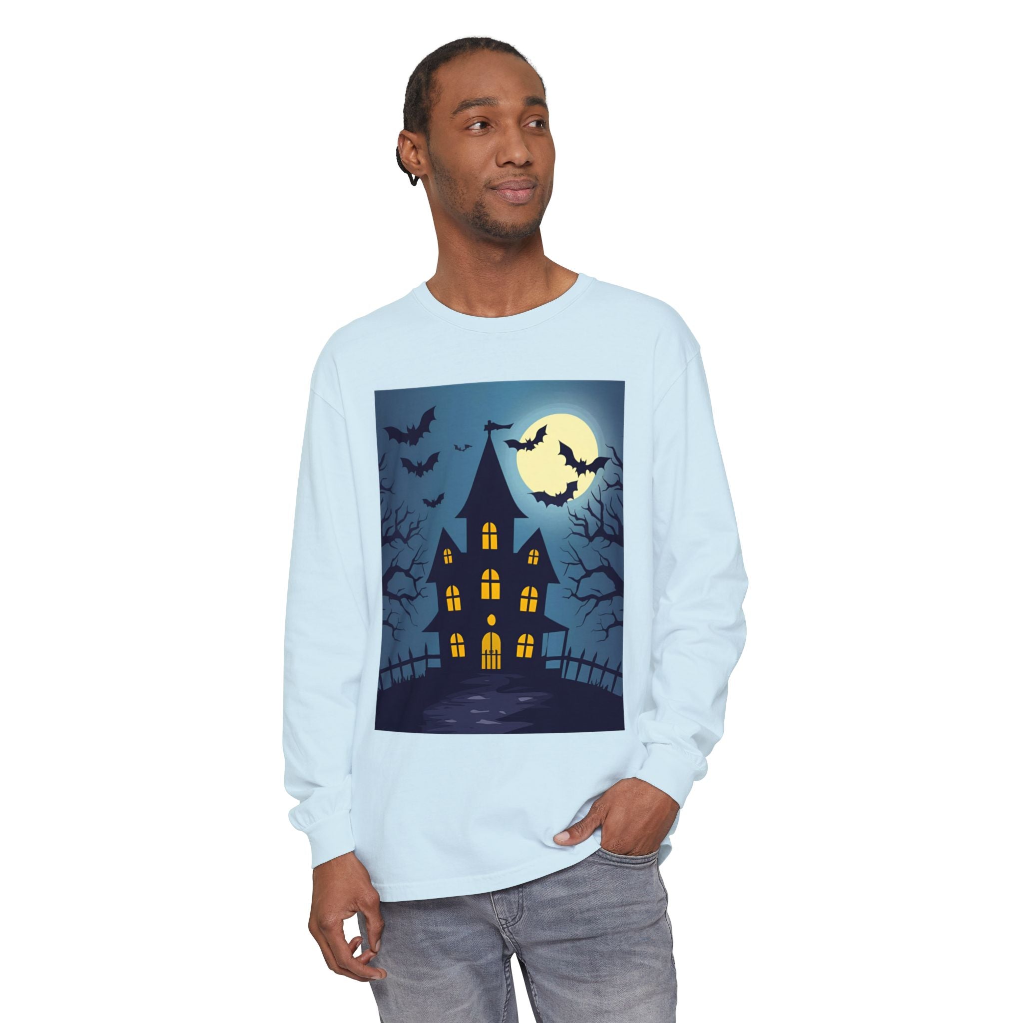 Haunted House Long Sleeve T-Shirt | Halloween Apparel, Fall Fashion, Spooky Shirt, Unisex Tee, Ghostly Vibes