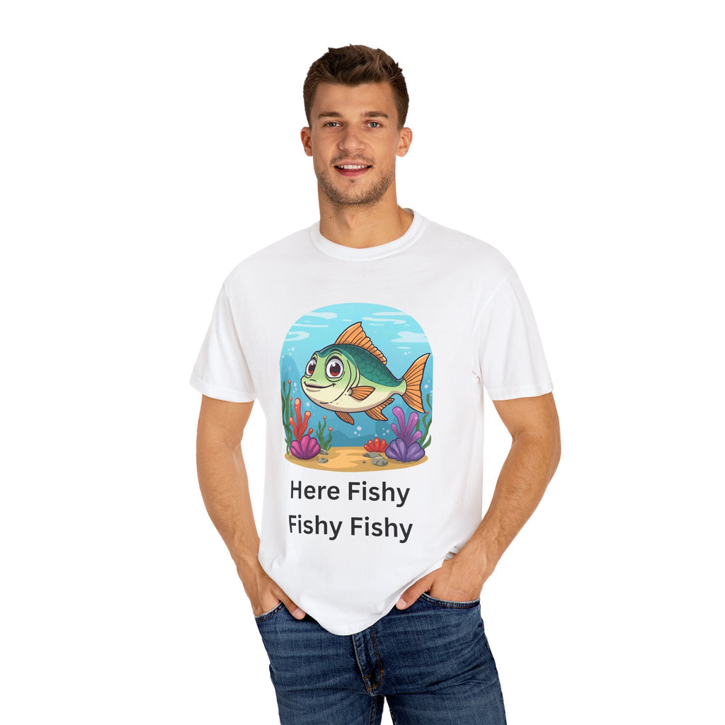 Here Fishy Fishy Fishy Colorful Fish-Themed Unisex T-Shirt, Fun Graphic Tee for Kids and Adults, Perfect for Summer, Fishing Trips, and Gift Giving