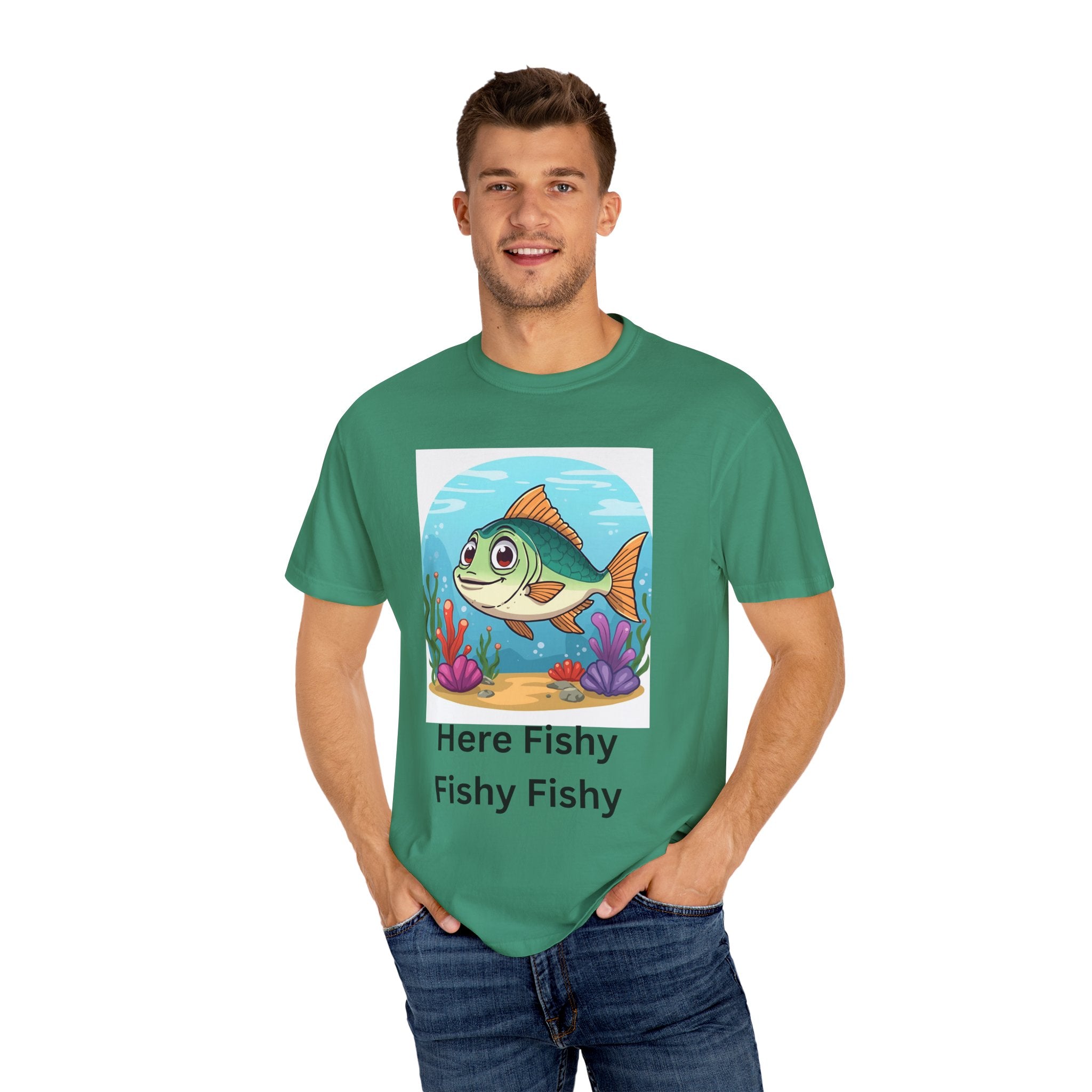 Here Fishy Fishy Fishy Colorful Fish-Themed Unisex T-Shirt, Fun Graphic Tee for Kids and Adults, Perfect for Summer, Fishing Trips, and Gift Giving