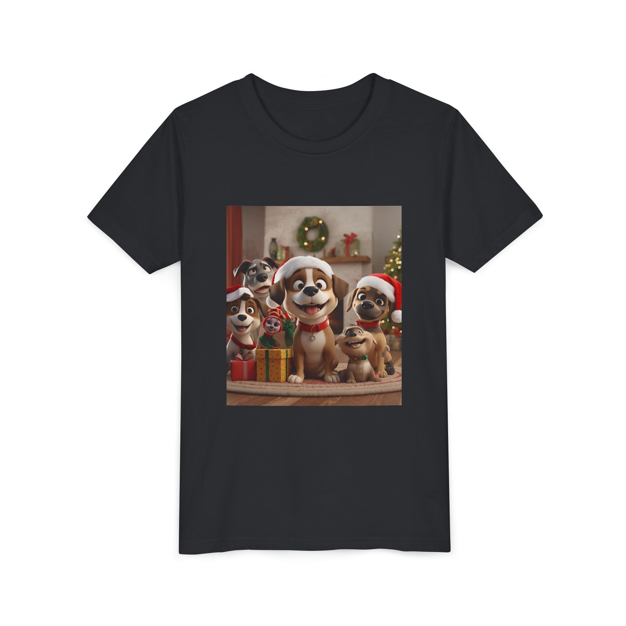 Cute Festive Christmas Dog Youth Short Sleeve Tee
