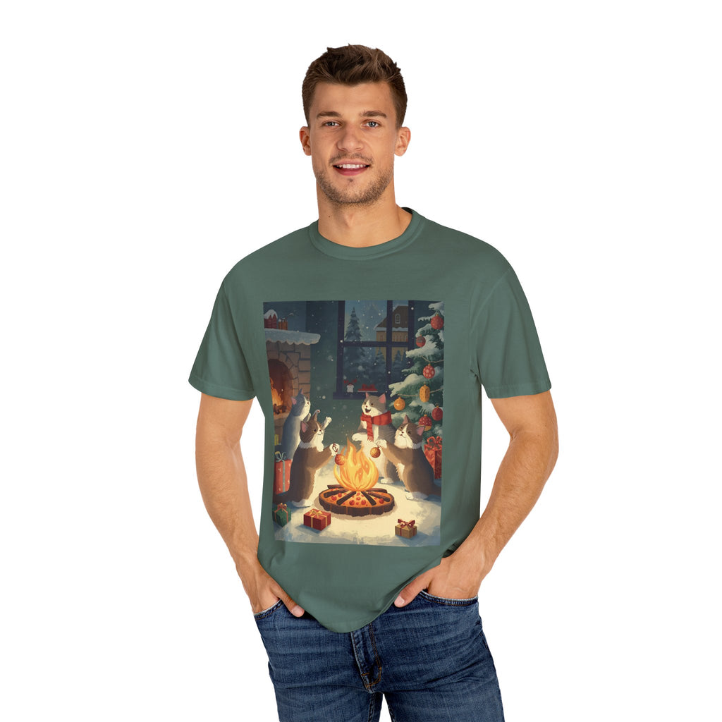 Cozy Winter Cat T-shirt, Unisex Garment-Dyed Shirt, Holiday Gift, Christmas Apparel, Cat Lover Tee, Festive Casual Wear