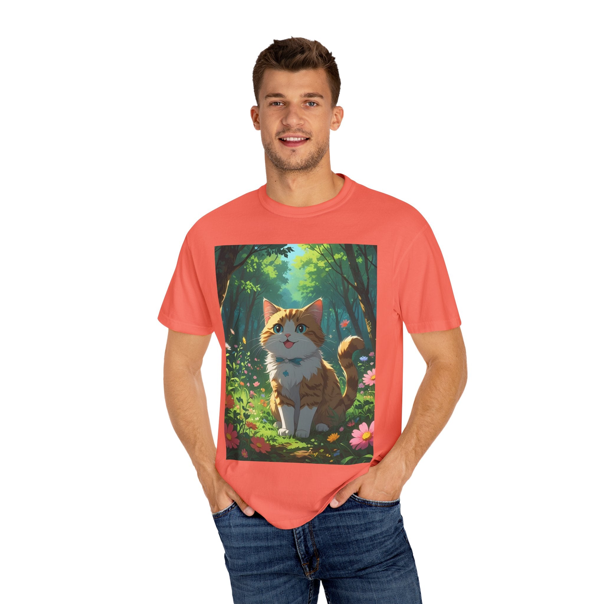 Whimsical Cat In Forest T-Shirt | Nature Lover Gift, Cute Pet Shirt, Animal Art Tee, Summer Outfit, Eco-Friendly Fashion