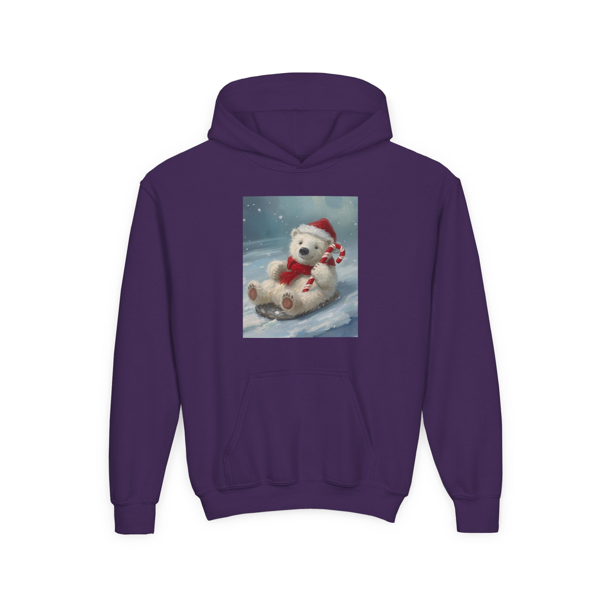 Cozy Christmas Bear Youth Hooded Sweatshirt, Winter Hoodie, Holiday Gift, Cute Sweatshirt for Kids, Festive Apparel