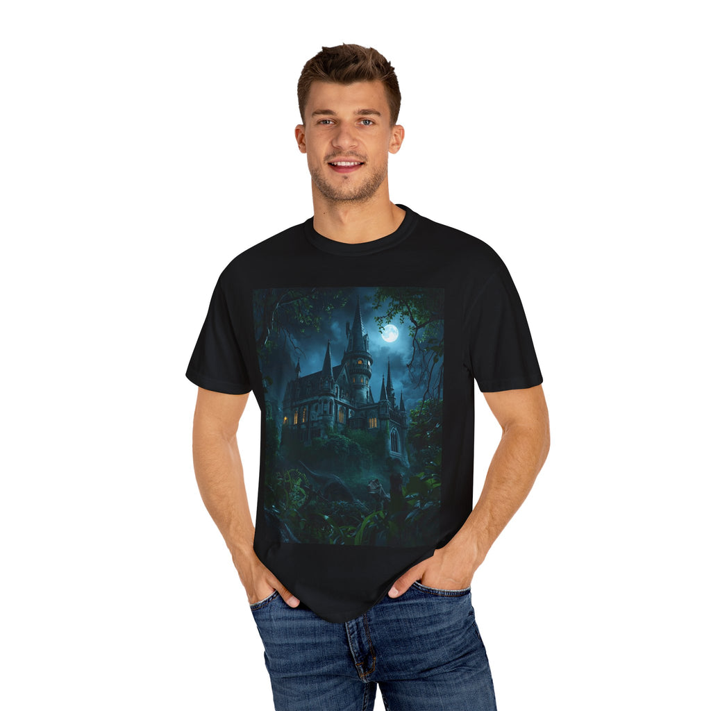 Mystical Night Scene Castle T-Shirt, Spooky Tees, Halloween Apparel, Gothic Style Shirt, Unisex Shirt, Nighttime Scene Tee