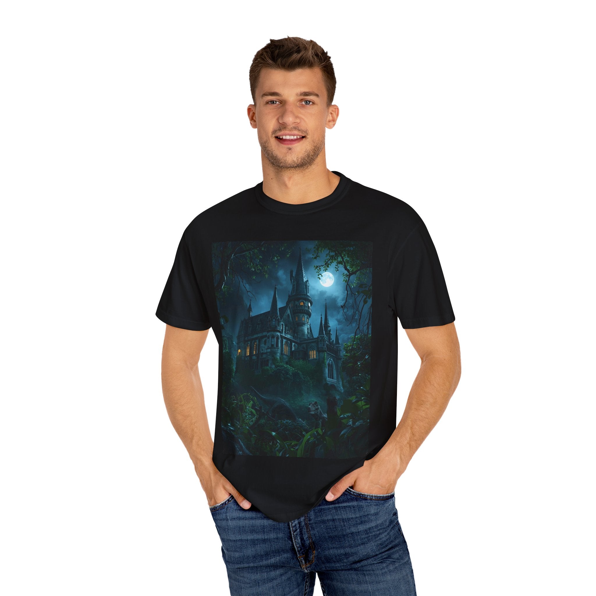 Mystical Night Scene Castle T-Shirt, Spooky Tees, Halloween Apparel, Gothic Style Shirt, Unisex Shirt, Nighttime Scene Tee
