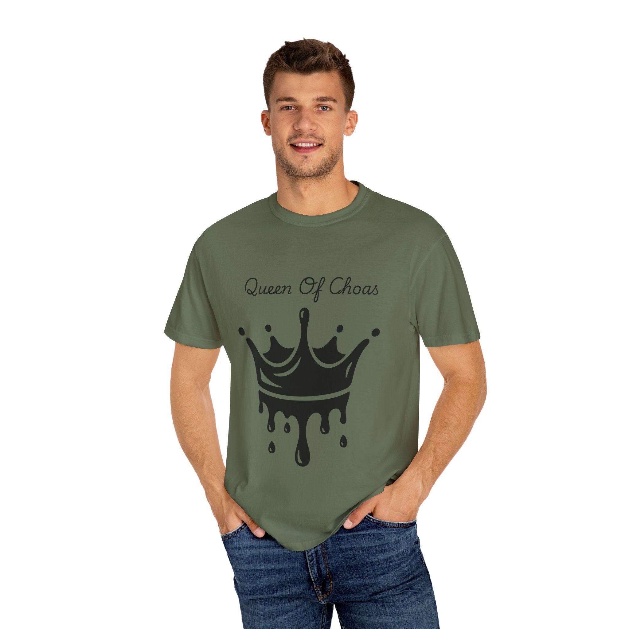 Queen of Chaos Unisex Garment-Dyed T-Shirt, Gift for Her, Casual Wear, Birthday Gift, Trendy Graphic Tee, Fun Statement Shirt