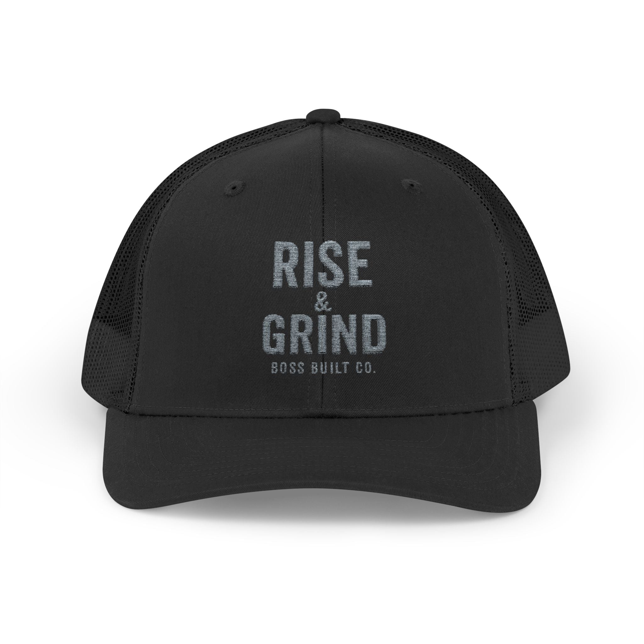 Boss Built Co Rise & Grind Snapback Trucker Cap — Motivational Embroidered Hat