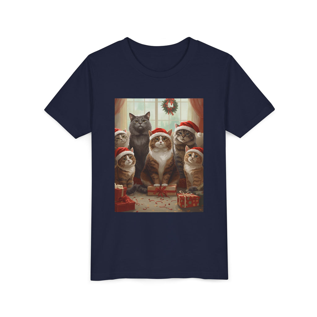 Cute Festive Christmas Cat Youth Short Sleeve Tee