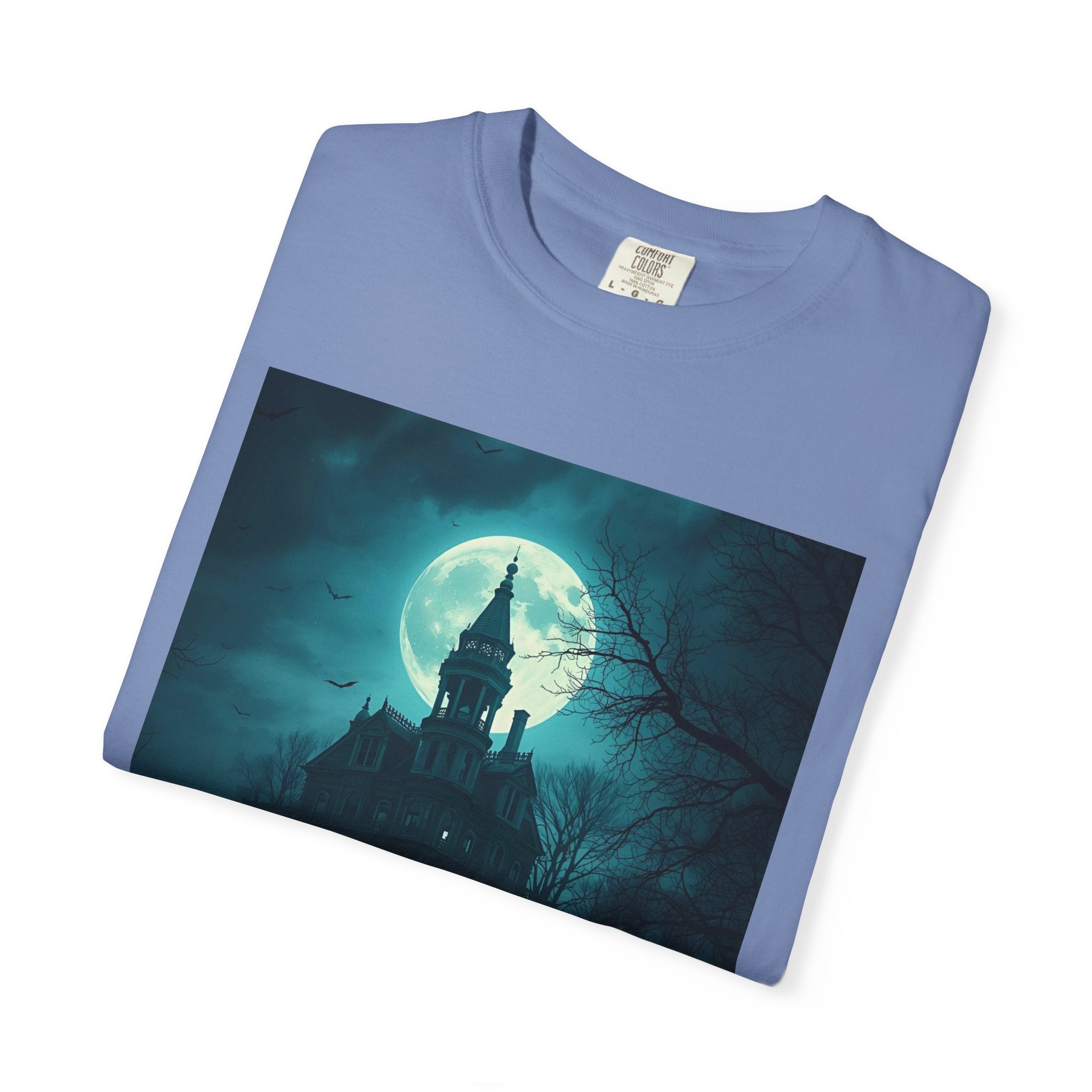 Haunted Moonlight Spooky Castle Graphic Tee | Unisex Garment-Dyed T-shirt, Halloween Shirt, Graphic Tee, Casual Wear, Gift for Ghost Lovers