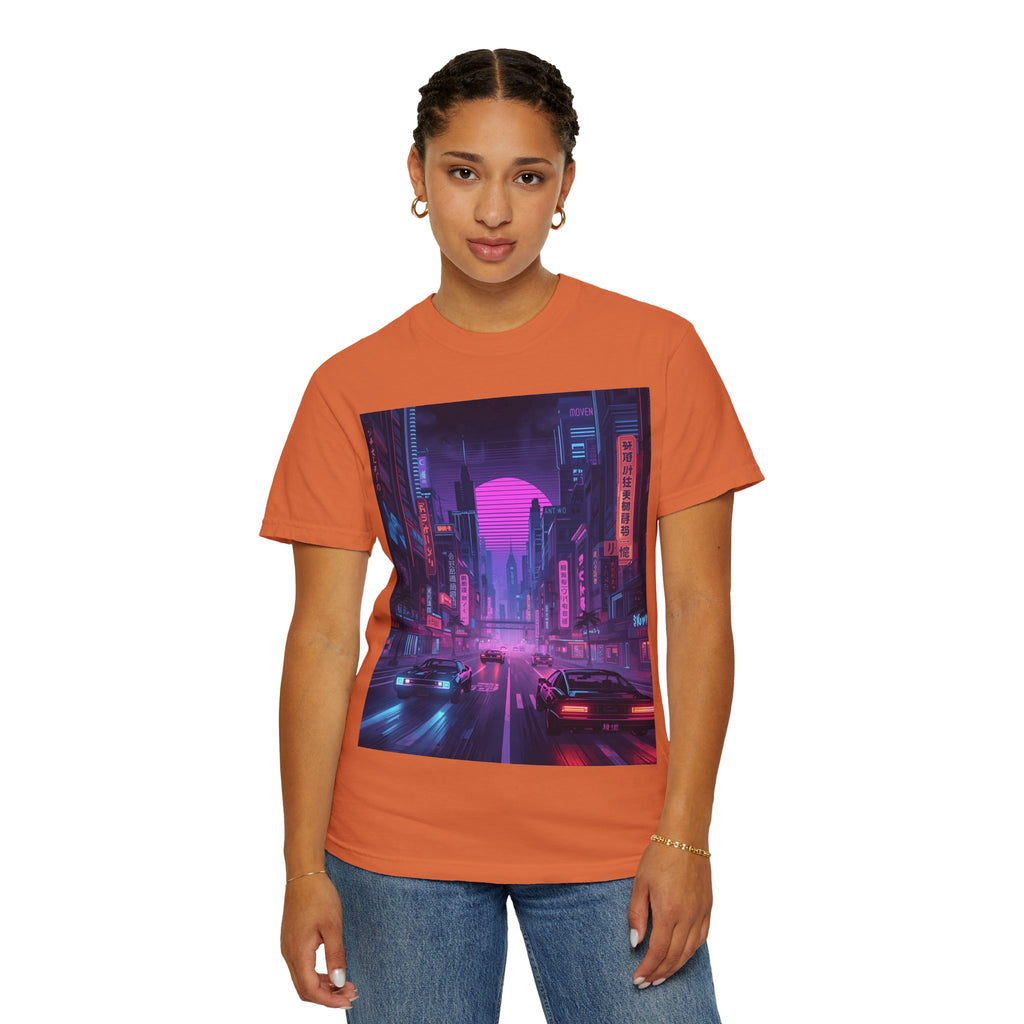 Futuristic Neon Cityscape T-Shirt, Retro Graphic Tee, Unisex Streetwear, Urban Vibe Shirt, Gift for Gamers, Summer Outfit