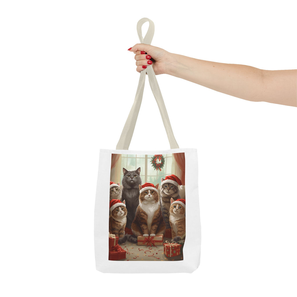 Cute Christmas Festive Cat Tote Bag, Christmas Gift, Holiday Shopping Bag, Cute Cat Lover Bag, AOP Tote for Cat Enthusiasts