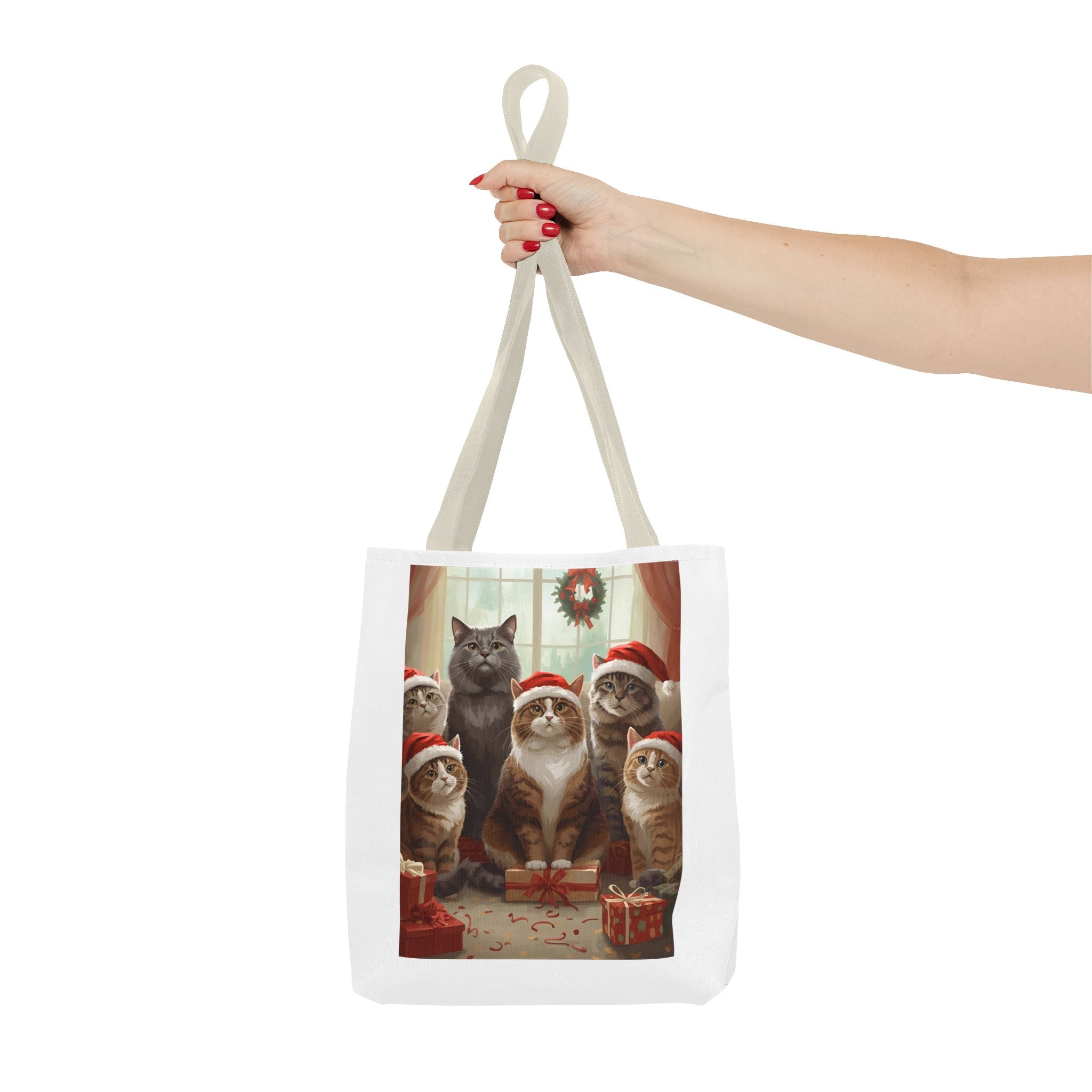 Cute Christmas Festive Cat Tote Bag, Christmas Gift, Holiday Shopping Bag, Cute Cat Lover Bag, AOP Tote for Cat Enthusiasts