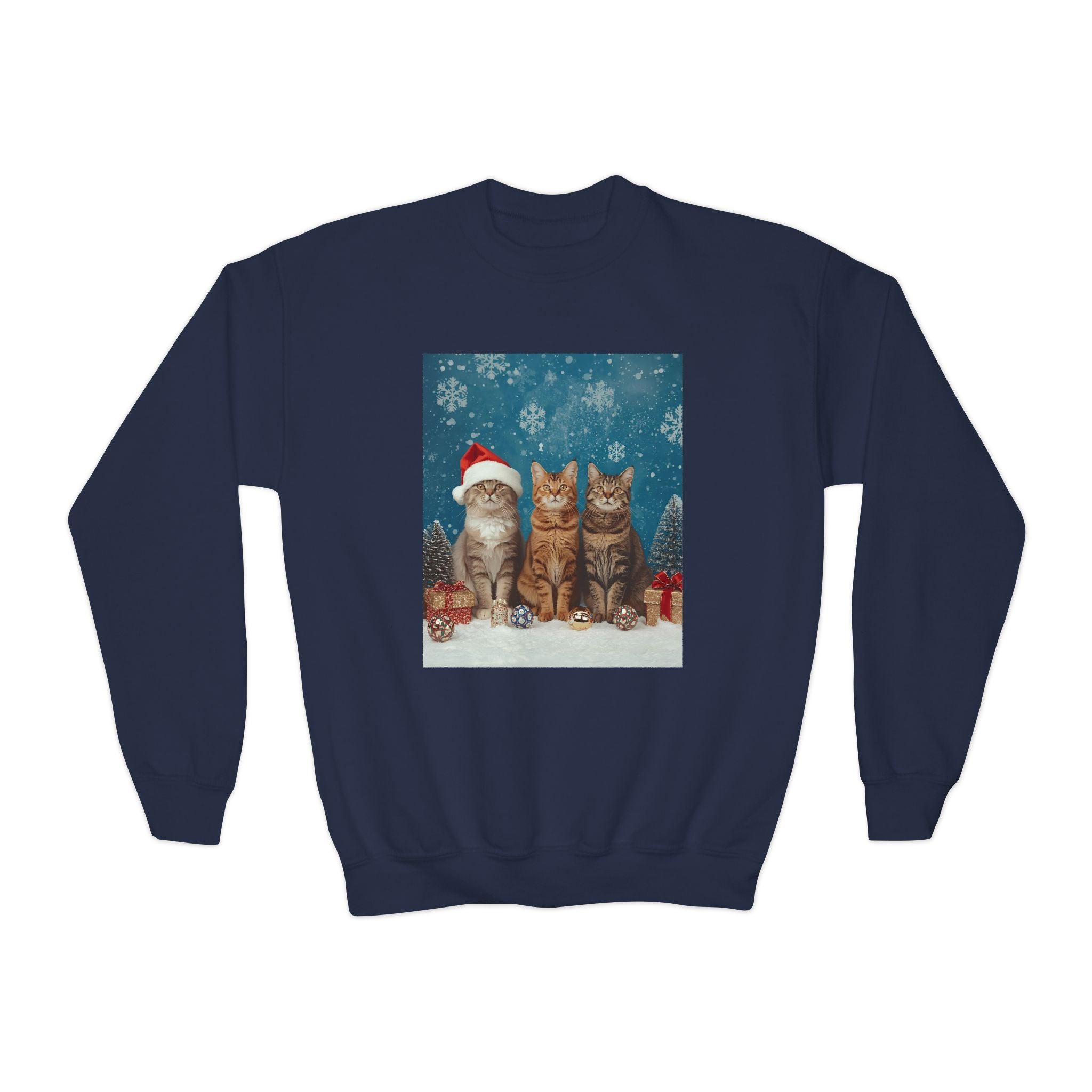Cute Cat Festive Christmas Youth Crewneck Sweatshirt