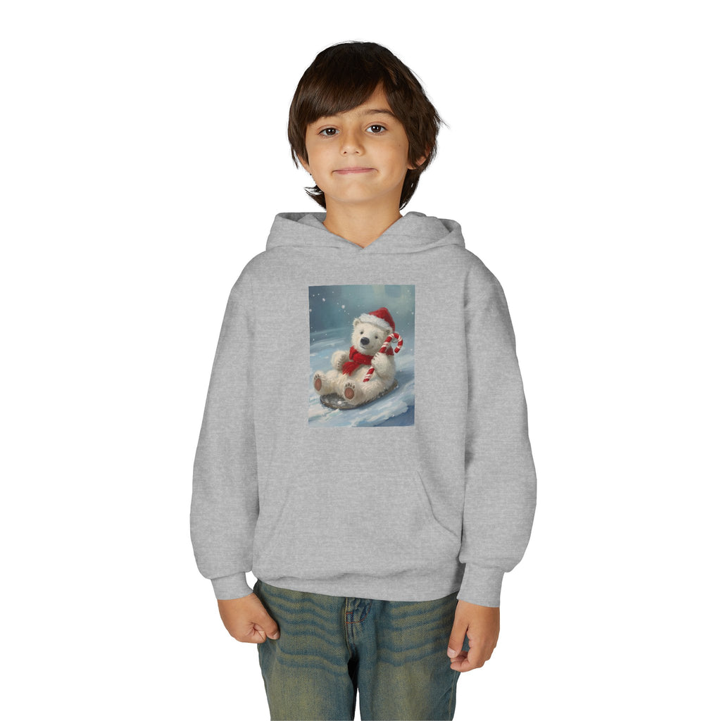 Cozy Christmas Bear Youth Hooded Sweatshirt, Winter Hoodie, Holiday Gift, Cute Sweatshirt for Kids, Festive Apparel