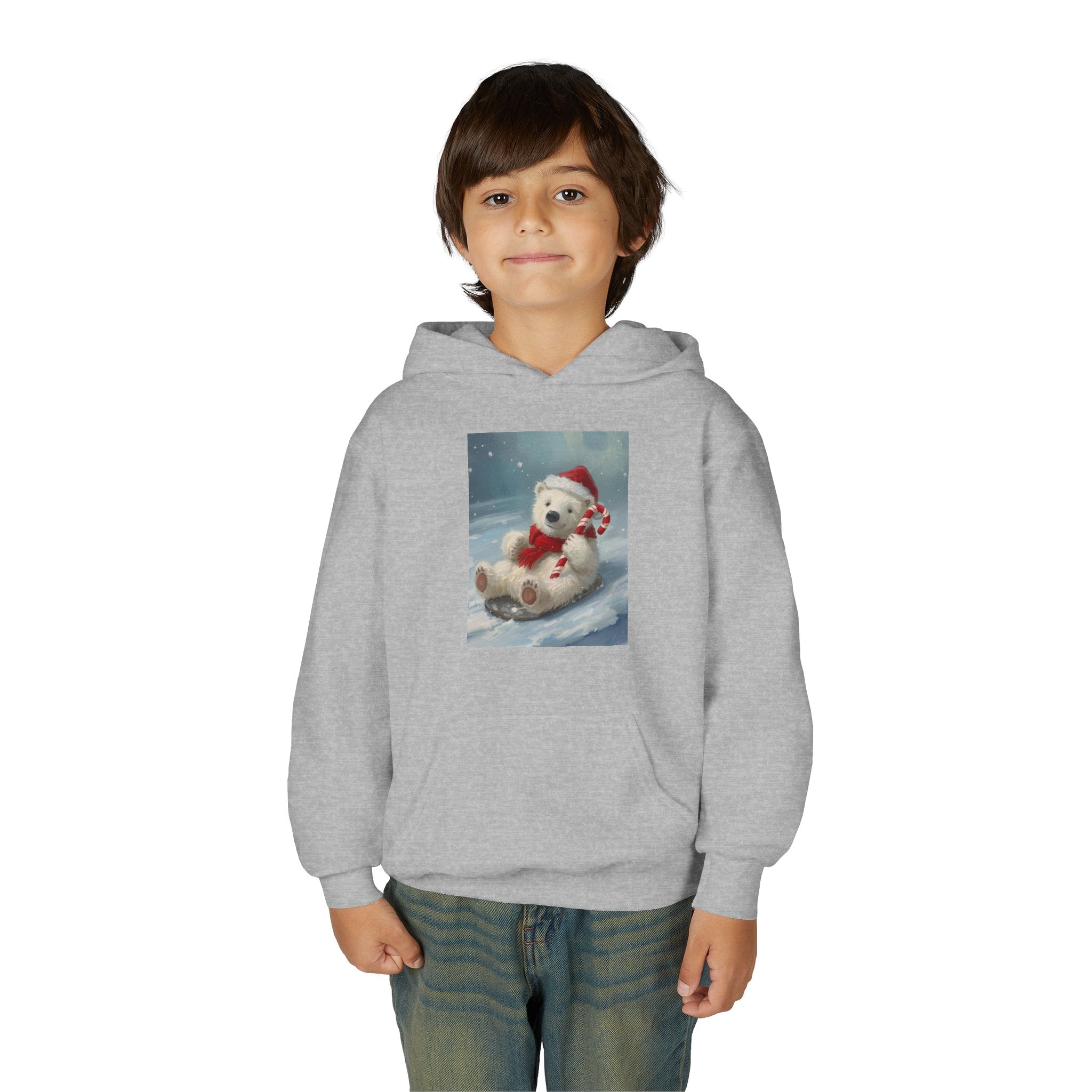 Cozy Christmas Bear Youth Hooded Sweatshirt, Winter Hoodie, Holiday Gift, Cute Sweatshirt for Kids, Festive Apparel