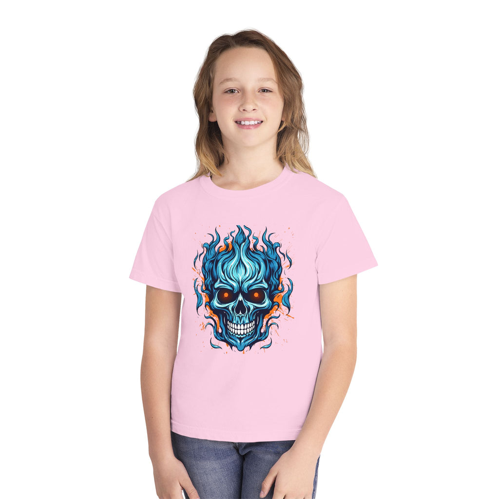 Skull Flame Youth Graphic Skull Tee, Cool Teen Fashion, Edgy Summer Wear, Halloween Costume, Unique Gift for Kids, Casual Everyday Style