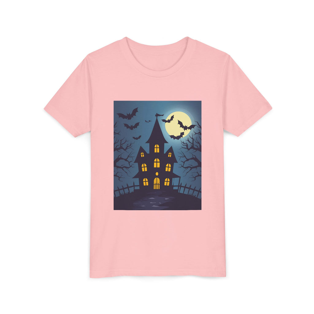 Spooky Halloween Haunted House Youth Tee, Kids Ghost T-Shirt, Haunted House Apparel, Bat Design Shirt, Trick or Treat Clothing