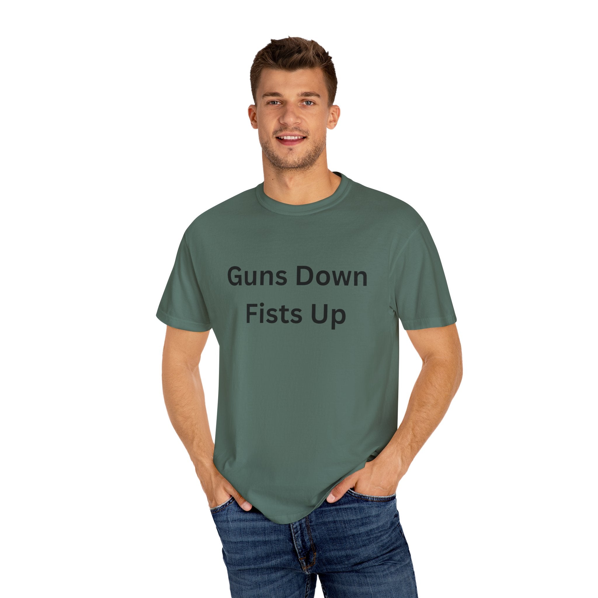Unisex Motivational T-Shirt - Guns Down Fists Up - Casual Wear, Activism Shirt, Gift for A Cause, Everyday Comfort, Inspirational Tee